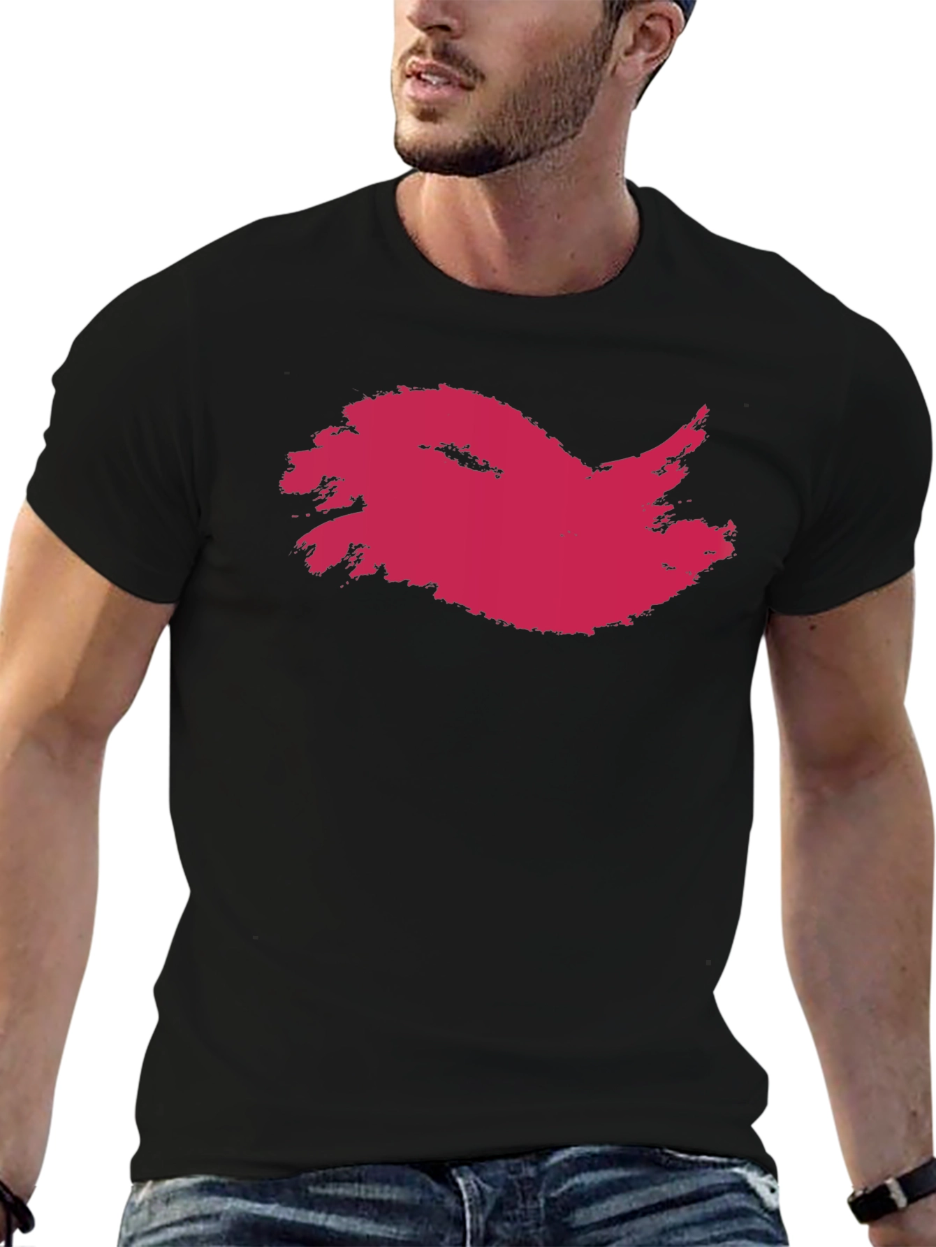 Black Men's Black T-Shirt with Abstract Crimson Print view 6