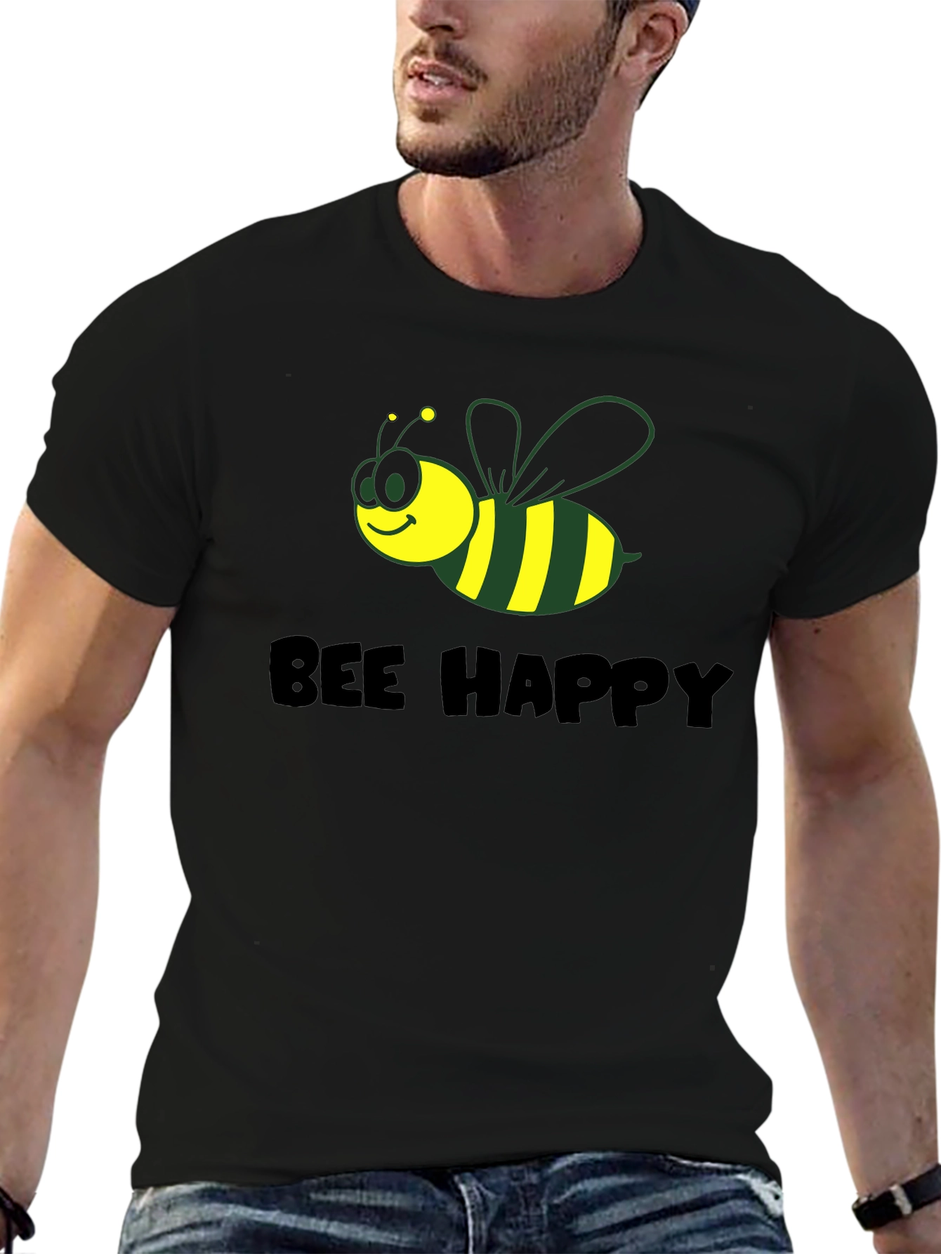 Black Bee Happy Graphic Tee - Black Cotton Comfort view 6