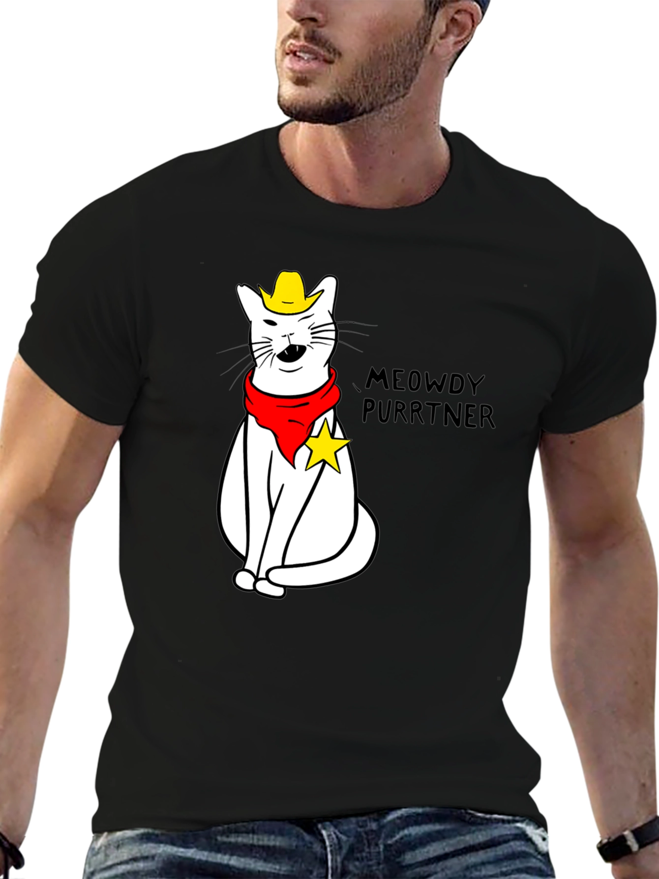 Black Meowdy Purrtner Cat Cowboy T-Shirt view 6