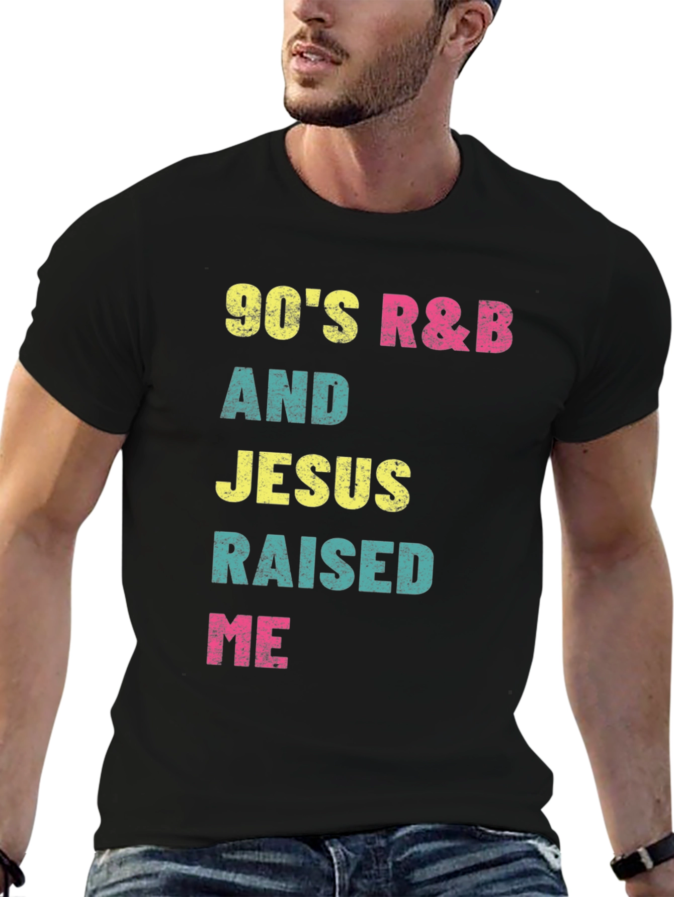 Black 90's R&B and Jesus Raised Me Graphic T-Shirt view 6
