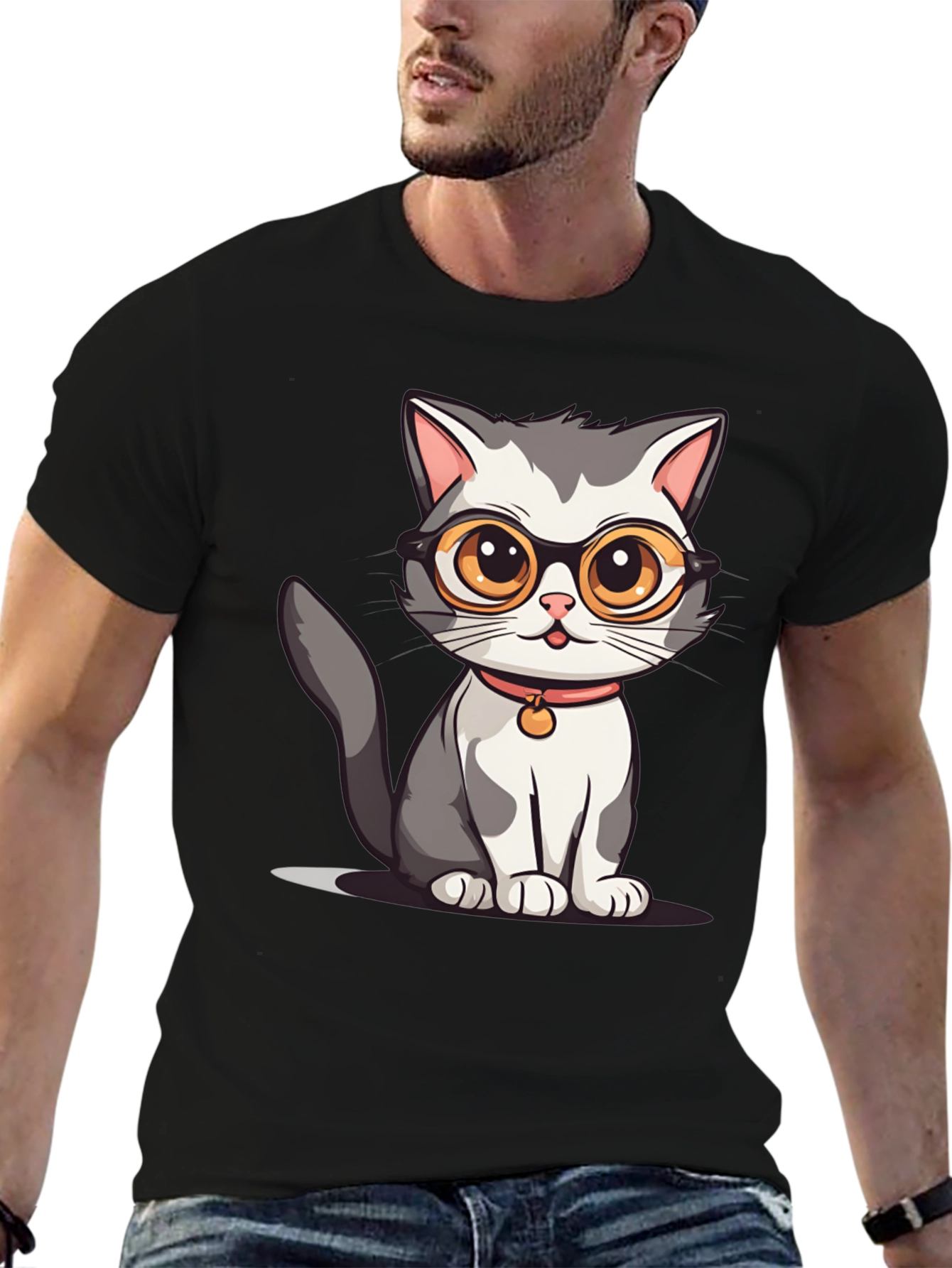 Black Cat with Glasses Graphic T-Shirt view 6