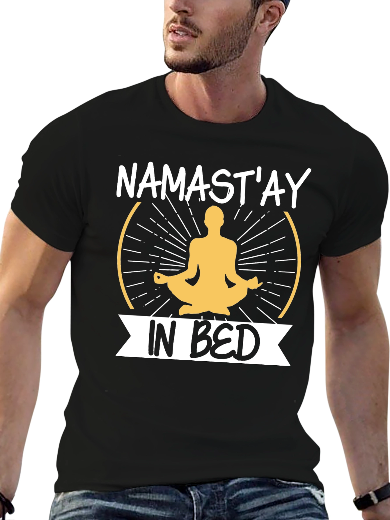 Black Namast'ay In Bed Men's Black T-Shirt view 6