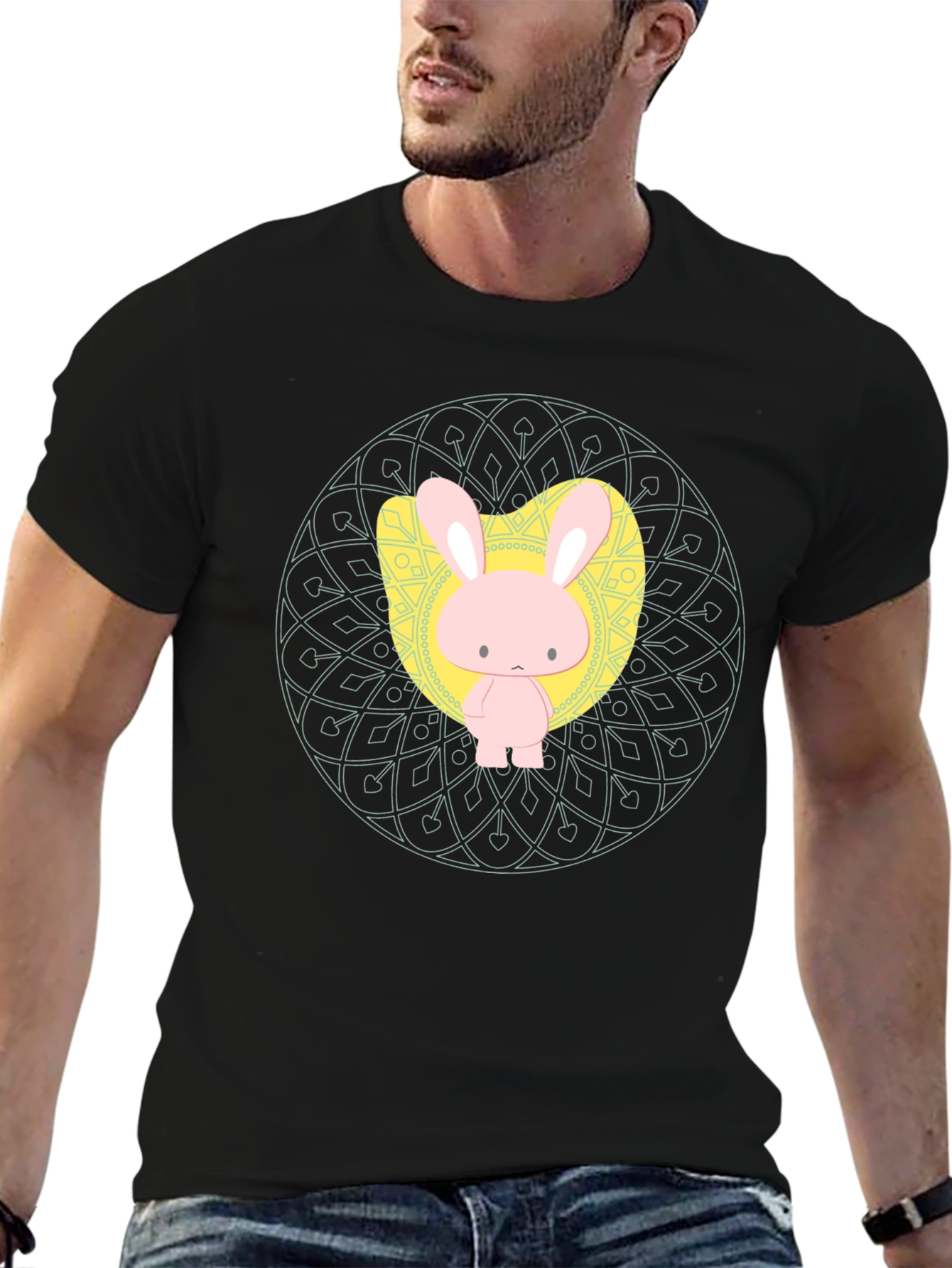 Black Cute Bunny Graphic Tee - Black Unisex T-Shirt view 6