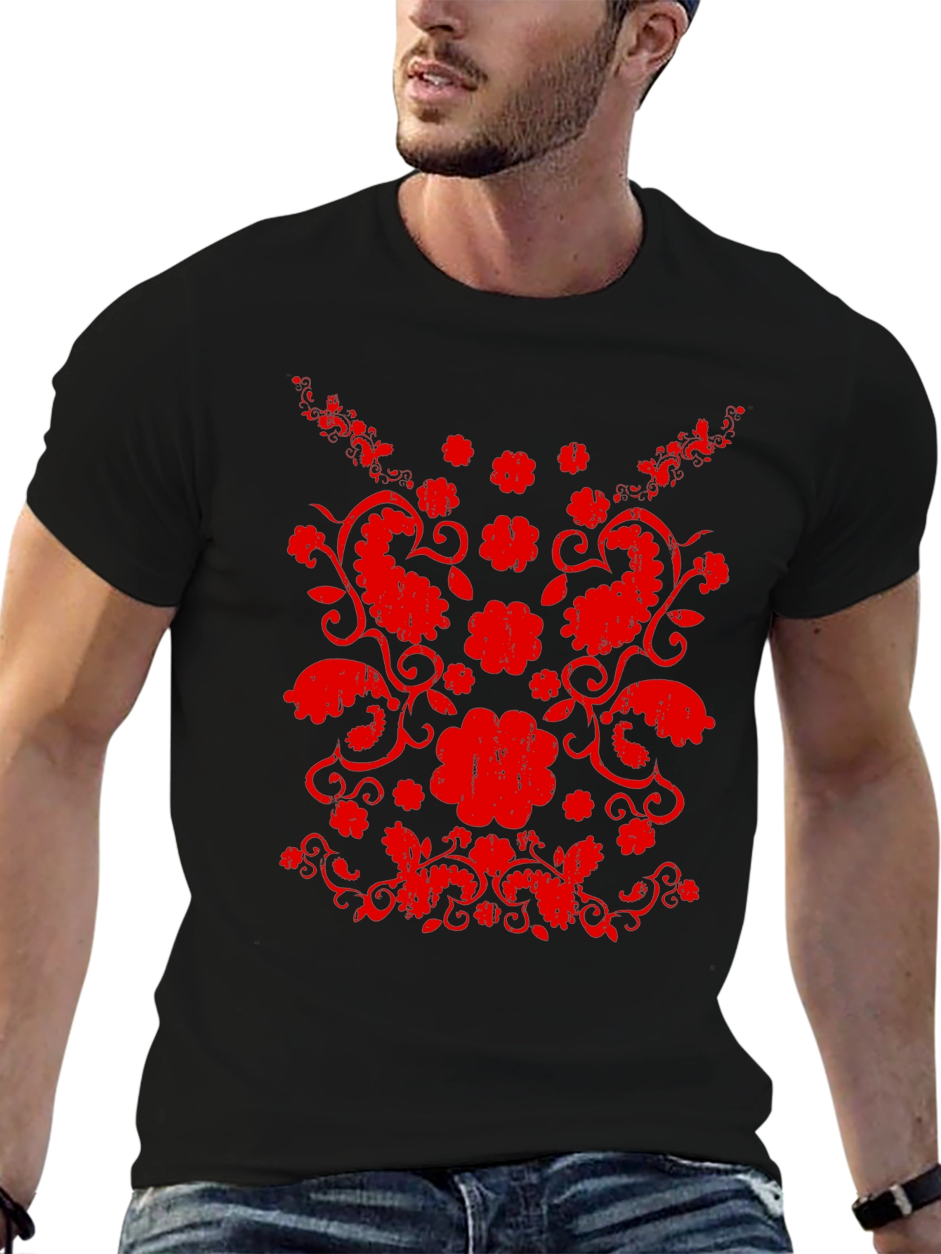 Black Floral Paisley Graphic Black T-Shirt view 6