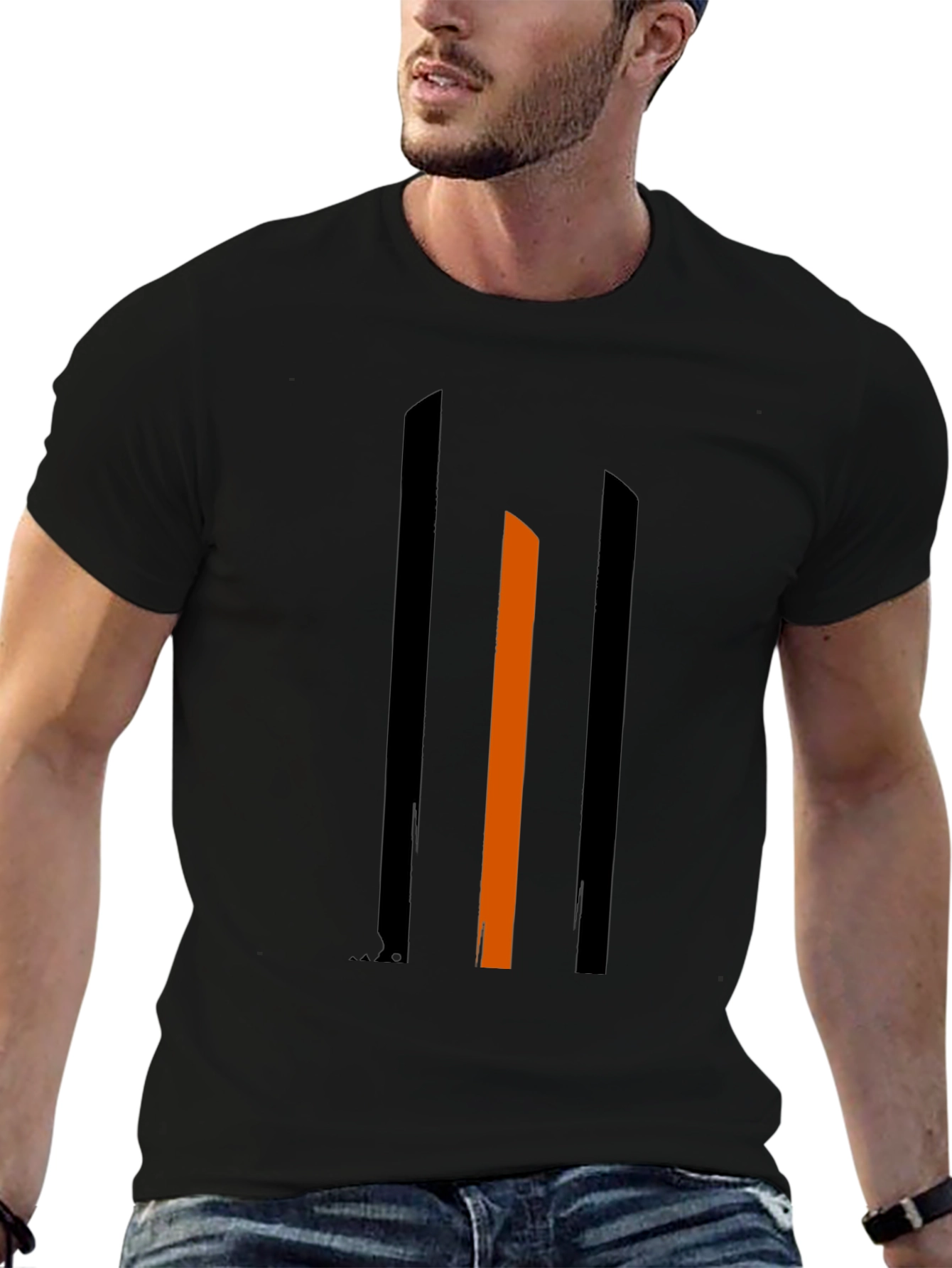 Black Stylish Minimalist Graphic Tee - Black with Bold Stripes view 6