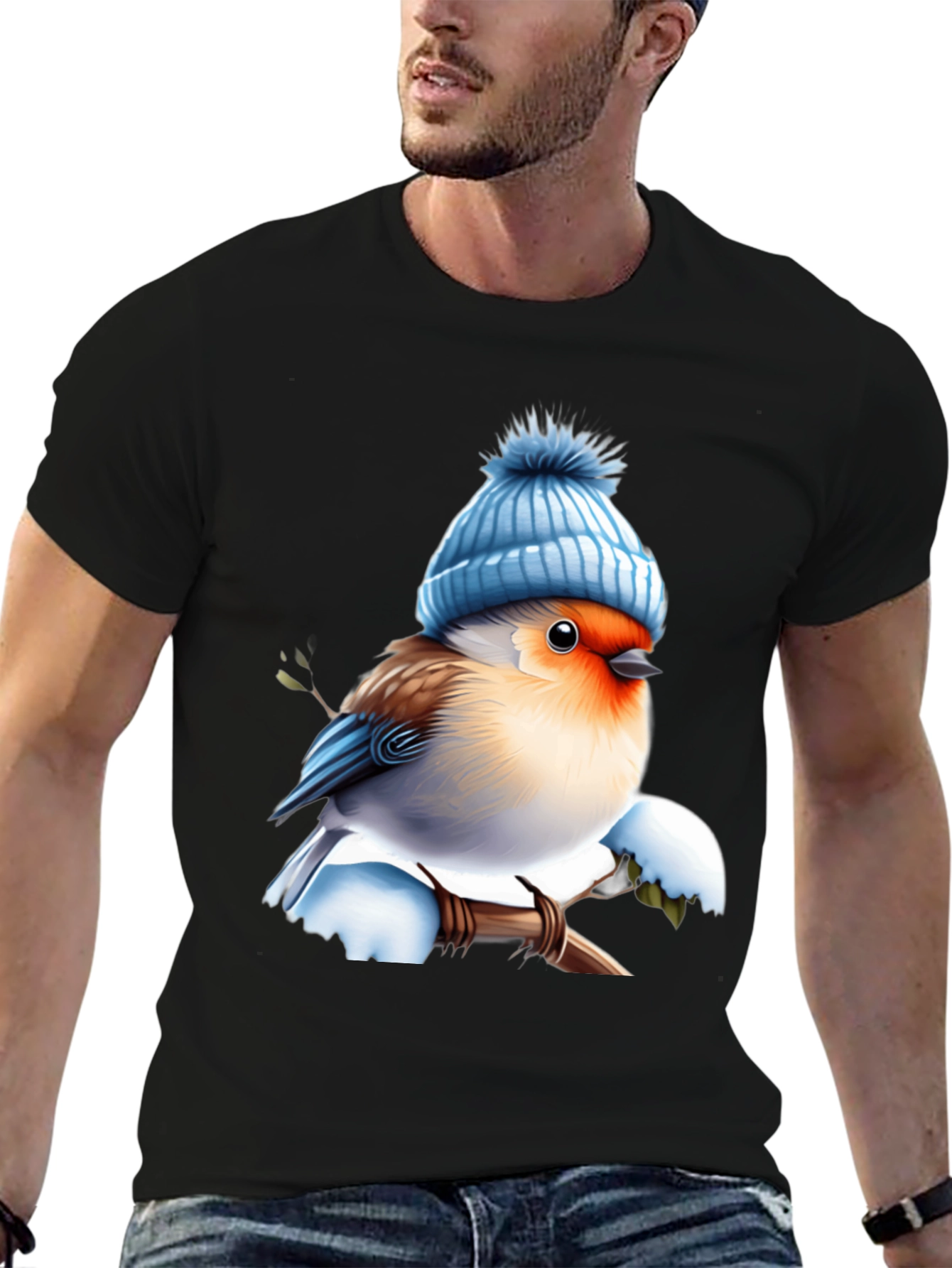 Winter Bird T-Shirt - Cute Blue Hat Design - 6