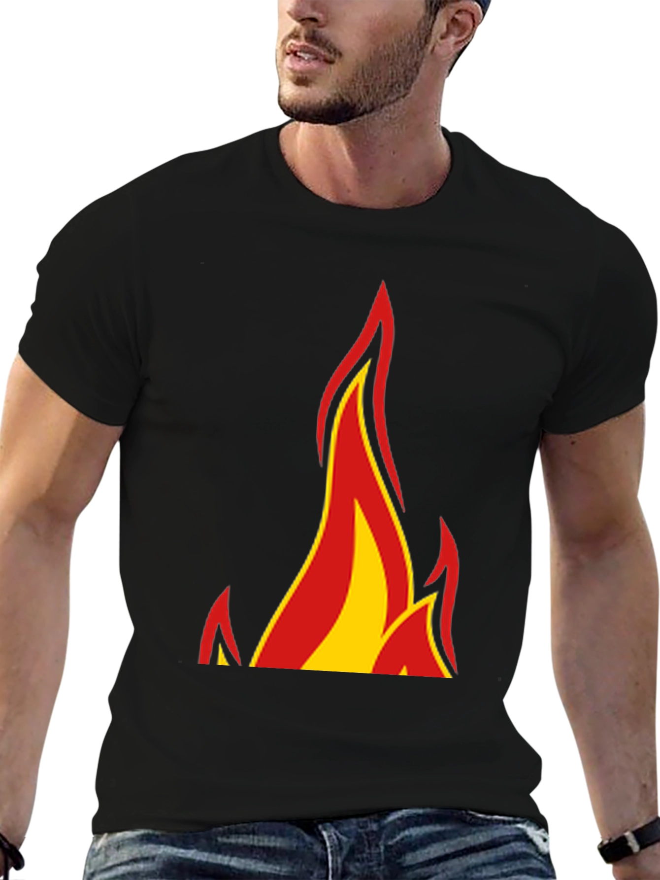 Black Fiery Graphic Tee - Bold Flame Design, Black Cotton Shirt view 6