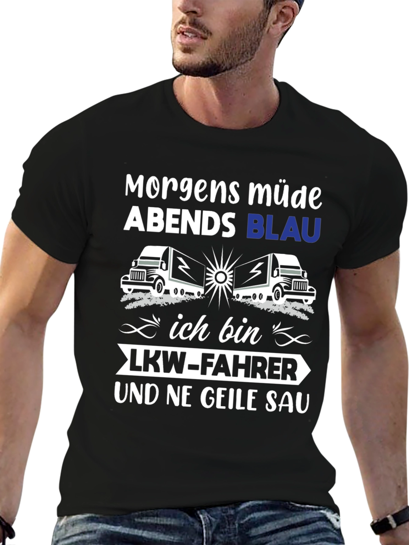 Black Trucker T-Shirt: Morgens Müde Abends Blau view 6