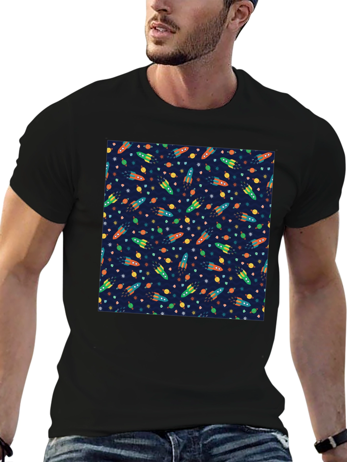 Black Space Rocket Pattern T-Shirt view 6
