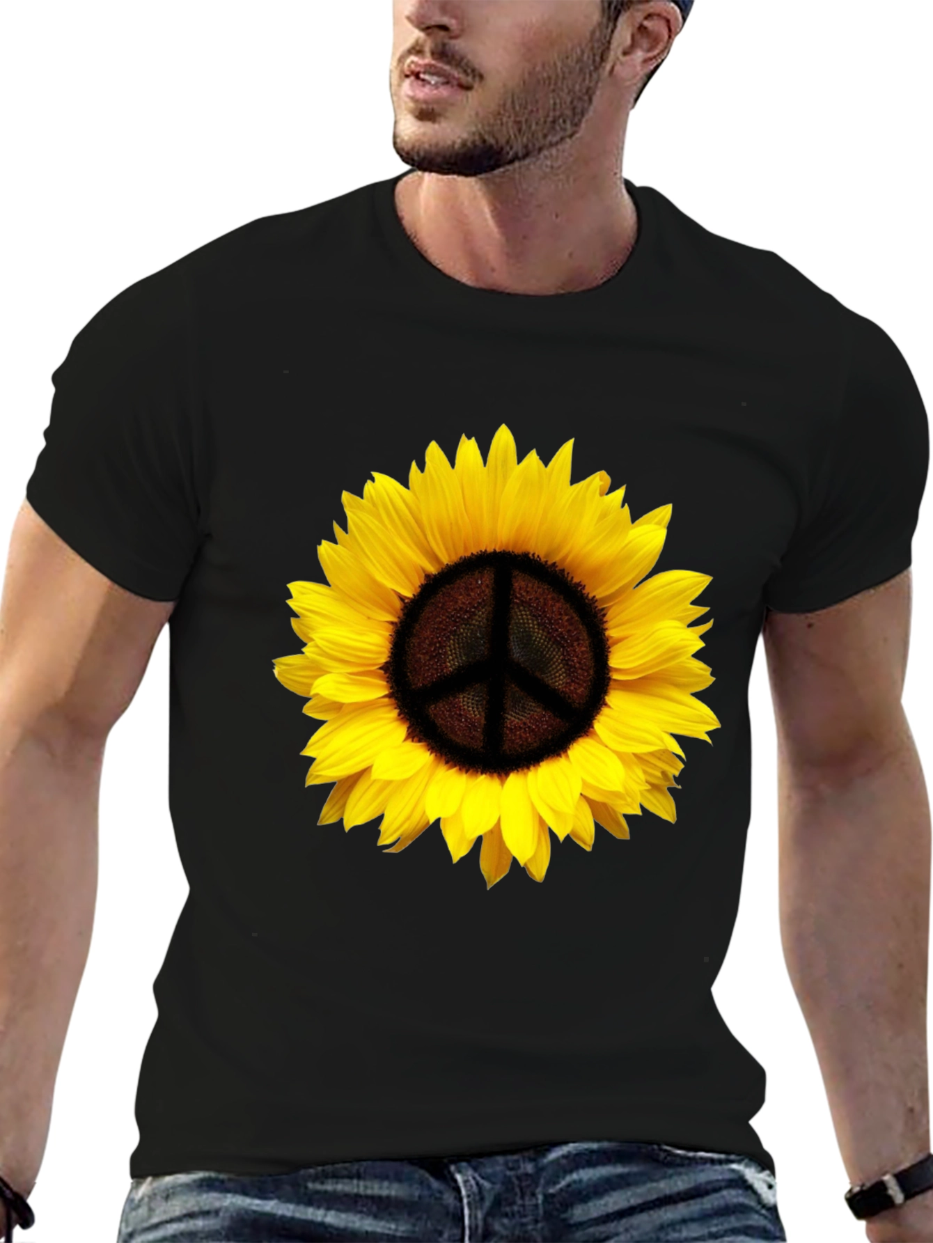 Black Sunflower Peace Sign Graphic T-Shirt - Black view 6