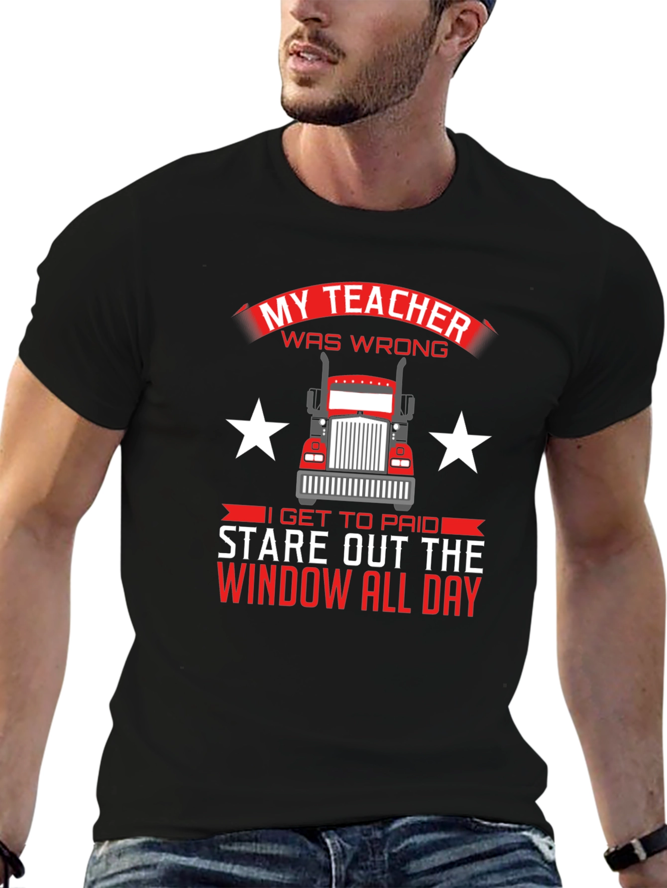 Black Trucker T-Shirt: My Teacher Was Wrong Stare Out Window All Day view 6