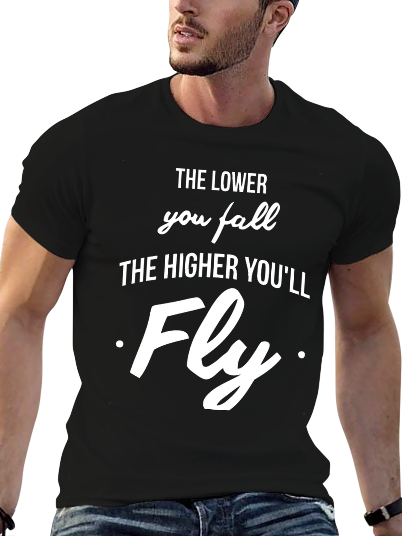 Black Inspirational Graphic T-Shirt - The Lower You Fall view 6