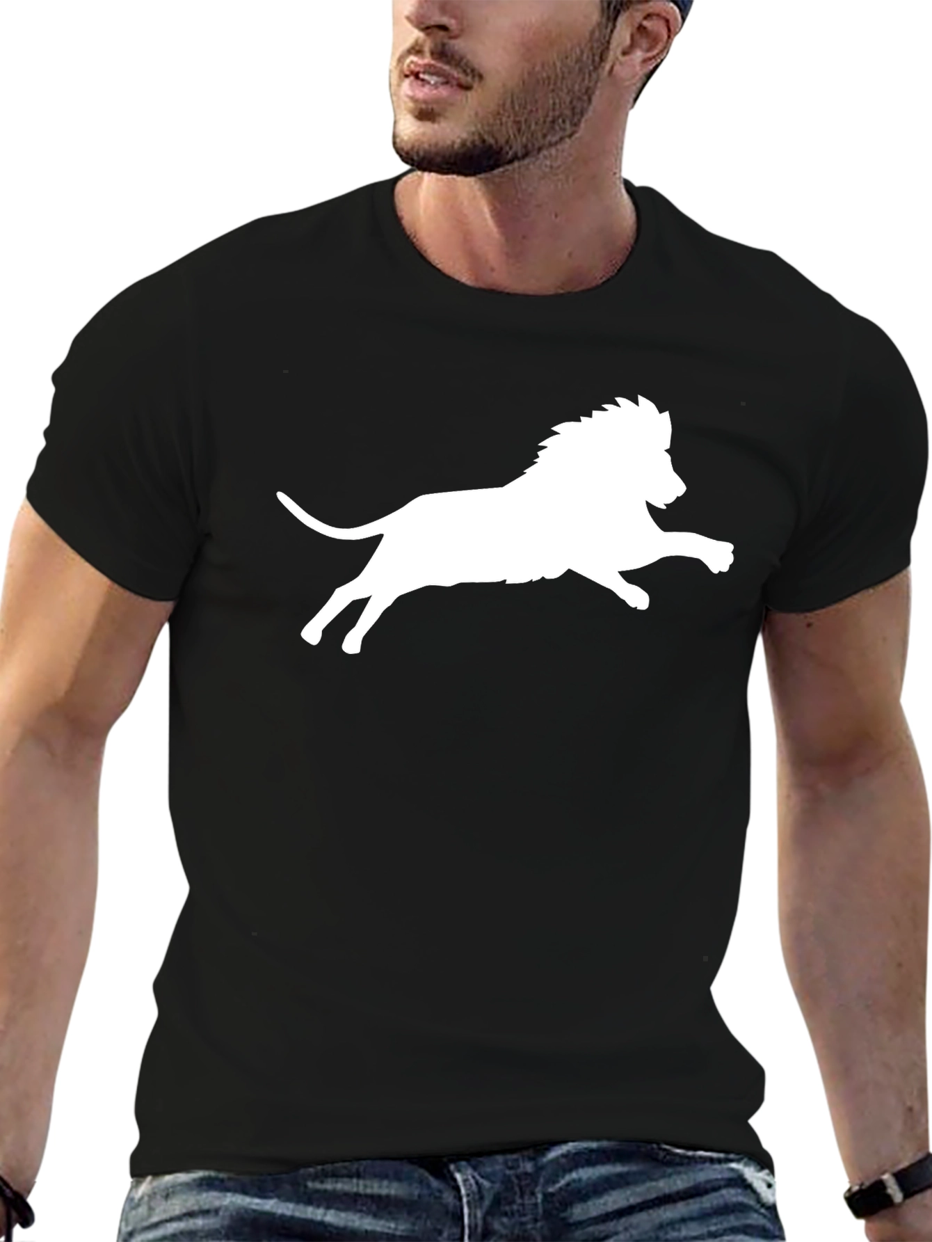 Black Black T-Shirt with White Lion Print view 6