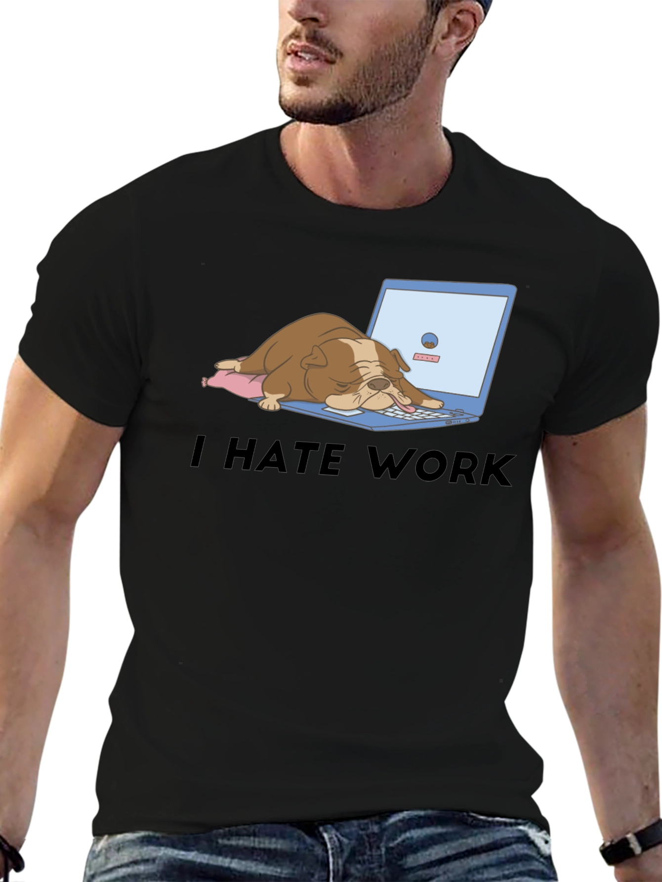 Black I Hate Work T-Shirt - Bulldog Laptop Graphic Tee view 6