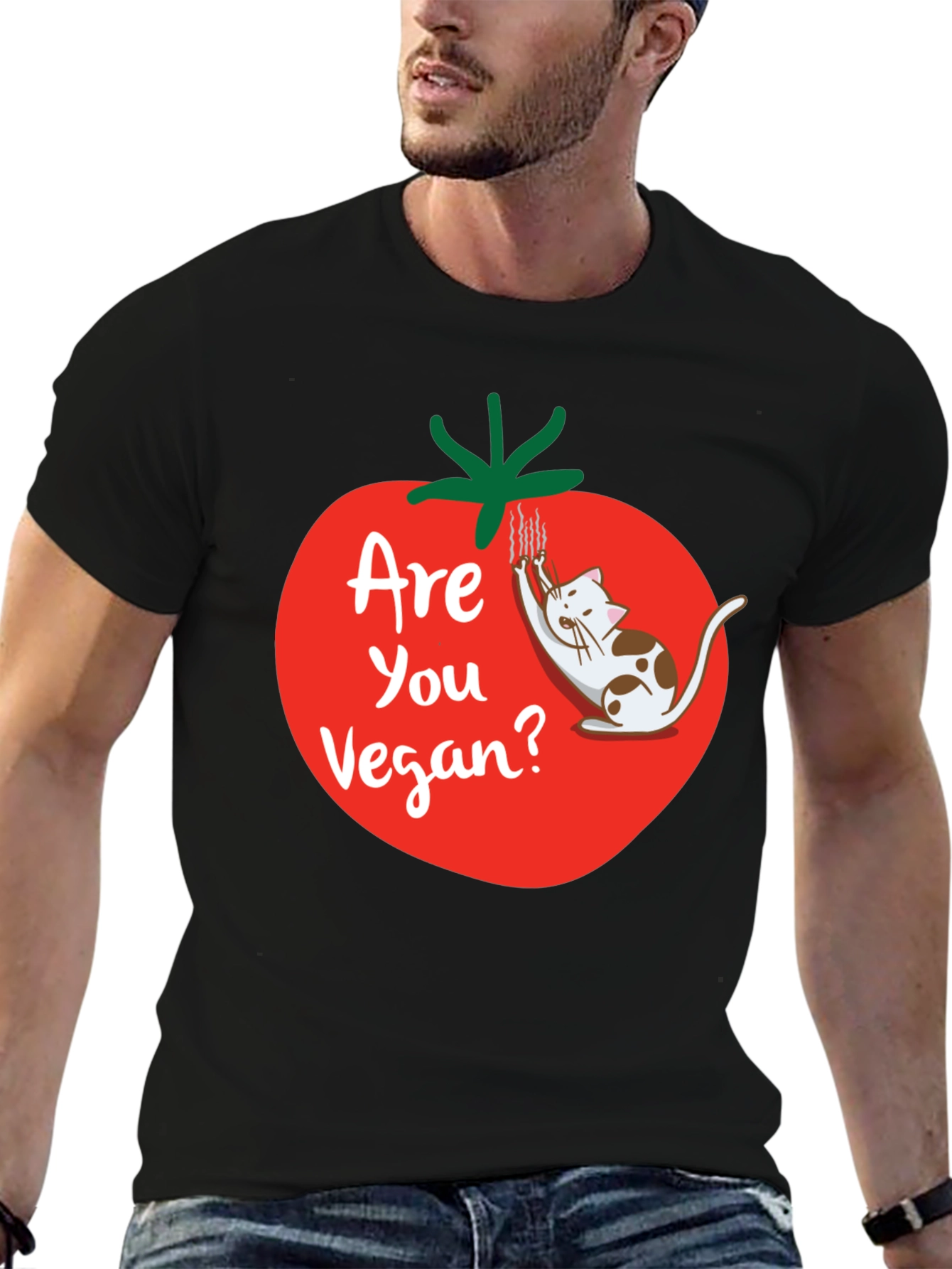 Black Funny Vegan T-Shirt - Cat and Tomato Design view 6