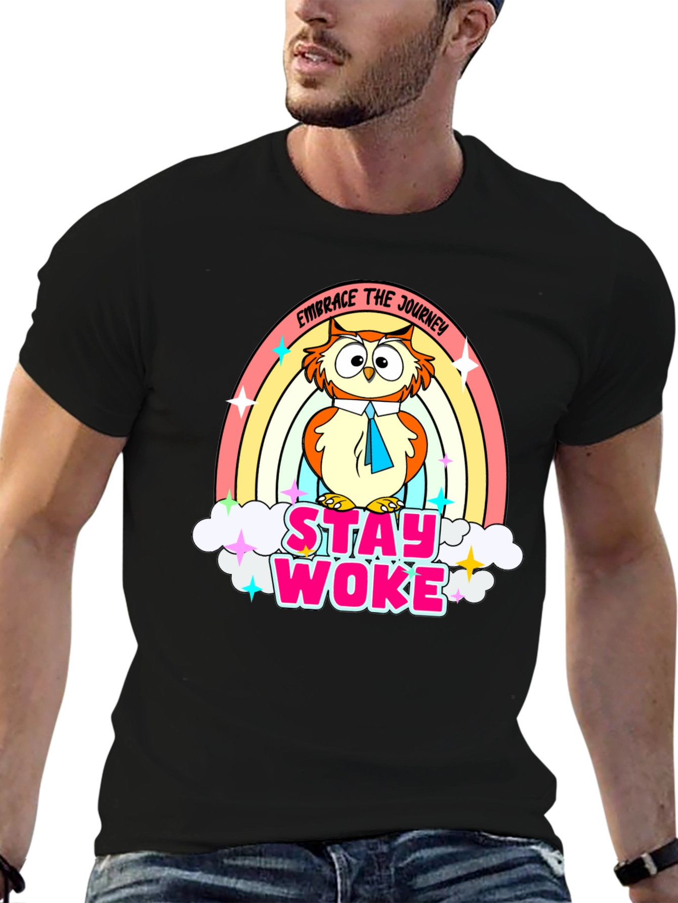 Black Stay Woke Owl Rainbow T-Shirt view 6