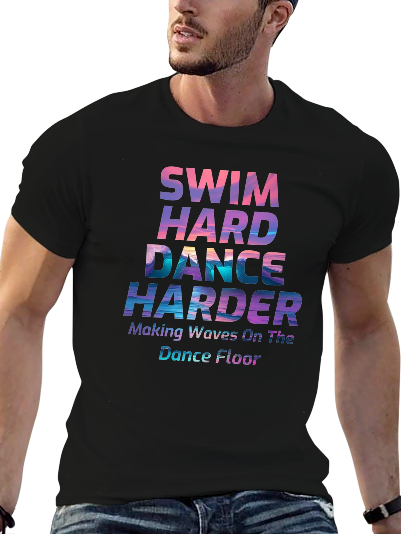 Black Swim Hard Dance Harder Graphic T-Shirt view 6