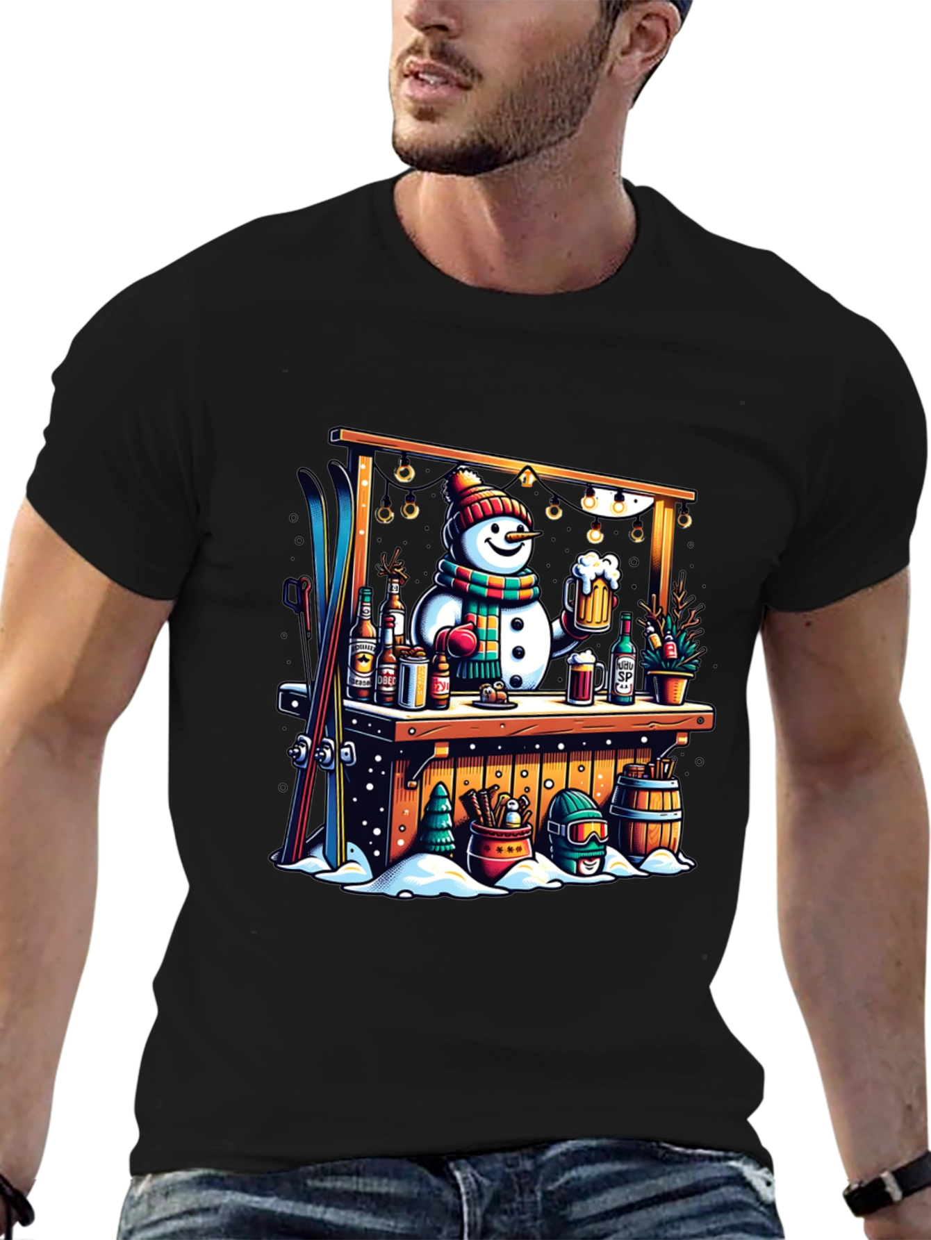 Black Snowman Bar Winter T-Shirt view 6