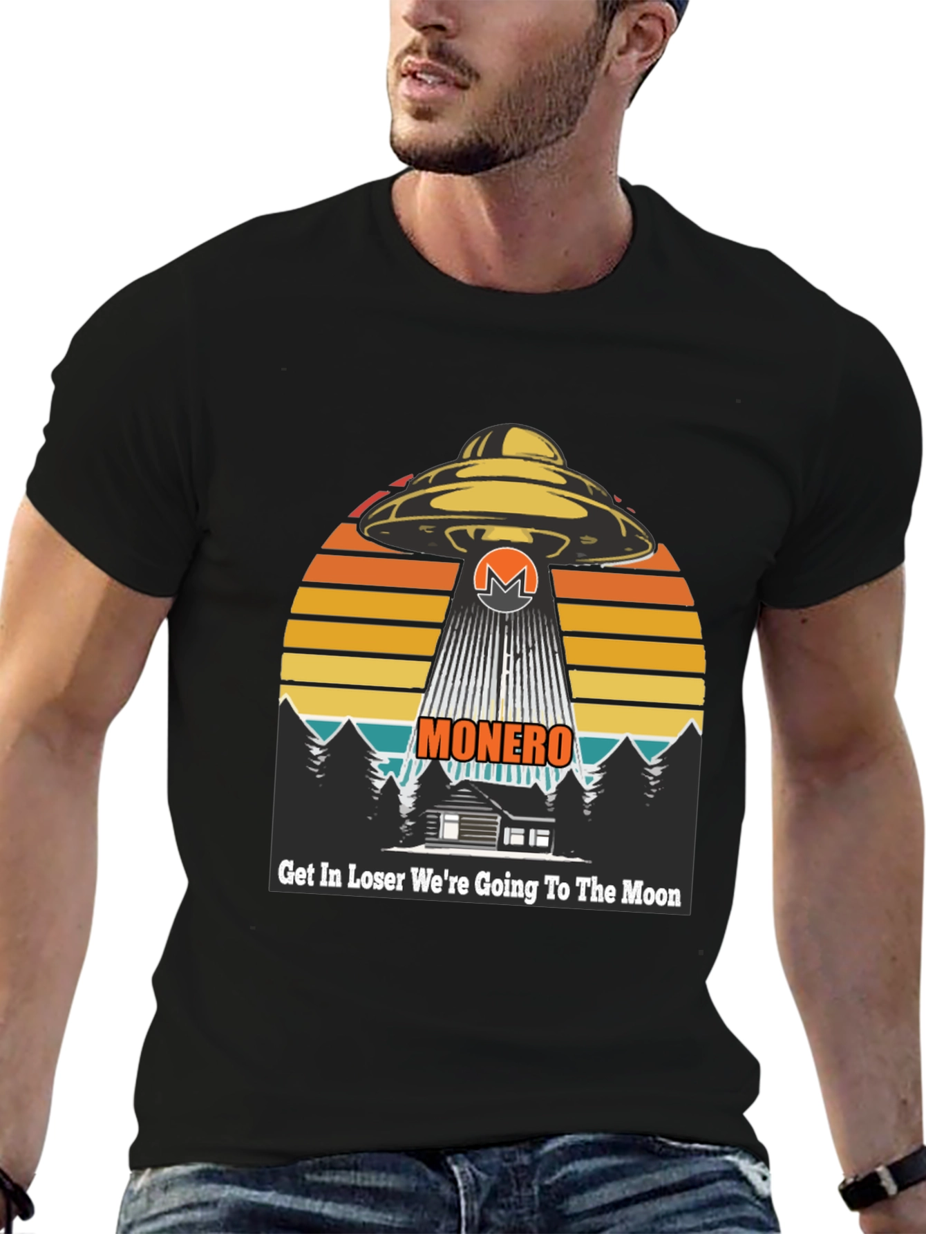 Black Monero UFO Abduction T-Shirt - Crypto to the Moon! view 6