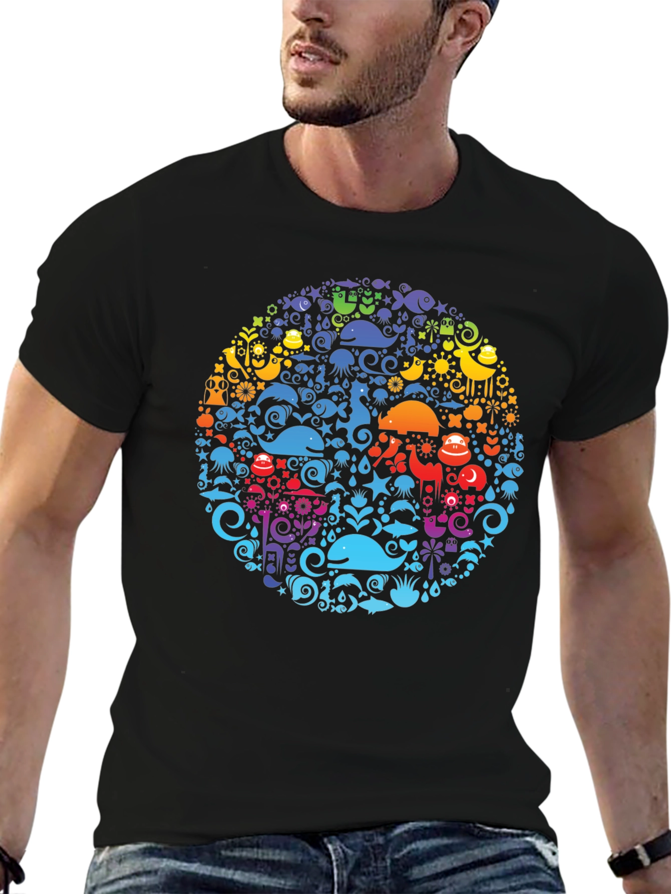 Black Tee with Colorful Aquatic Circle Design - 6