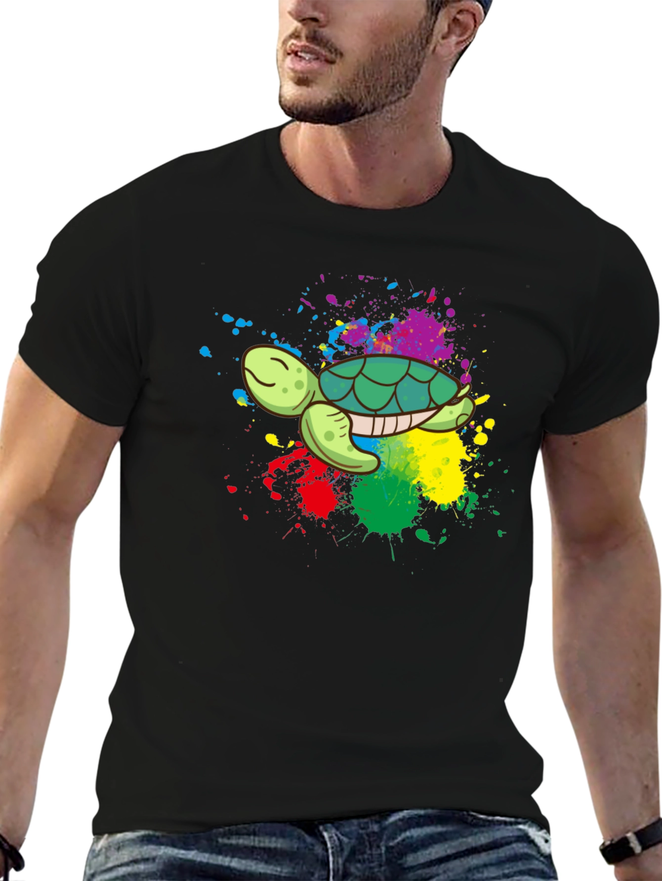Black Colorful Turtle Graphic Tee - Black Cotton Blend view 6