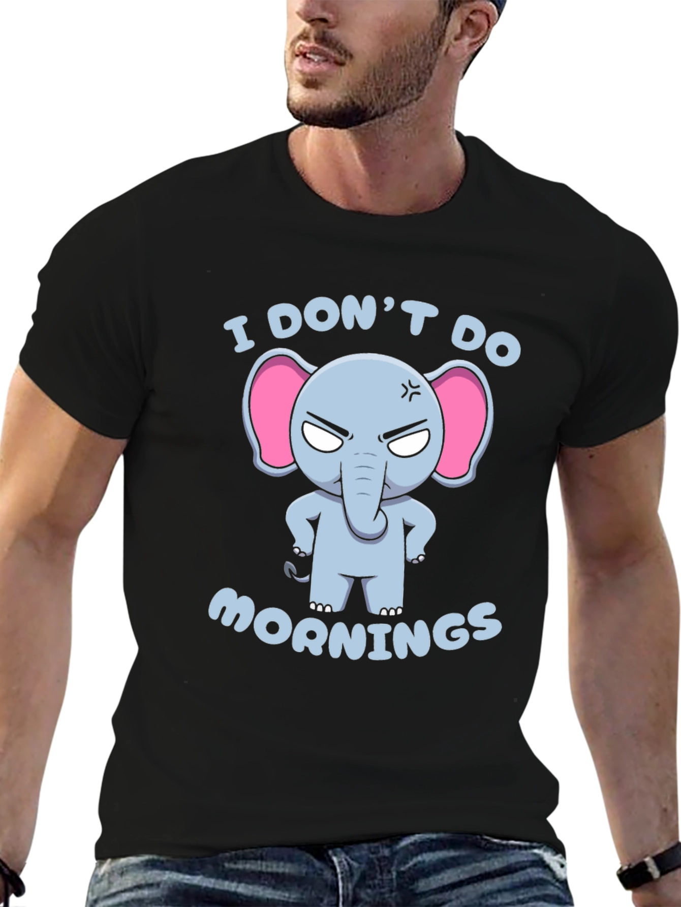 Black Funny Elephant Graphic T-Shirt - I Don't Do Mornings view 6