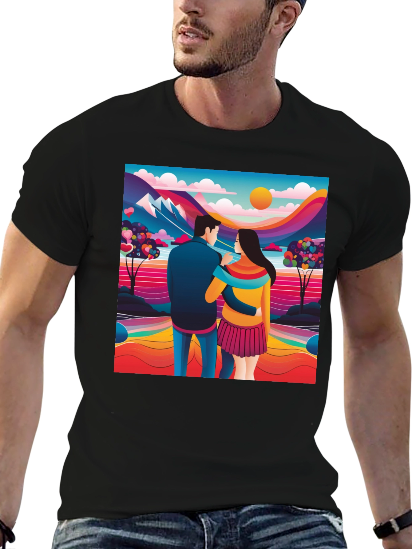 Black Couple's Colorful Landscape Tee view 6