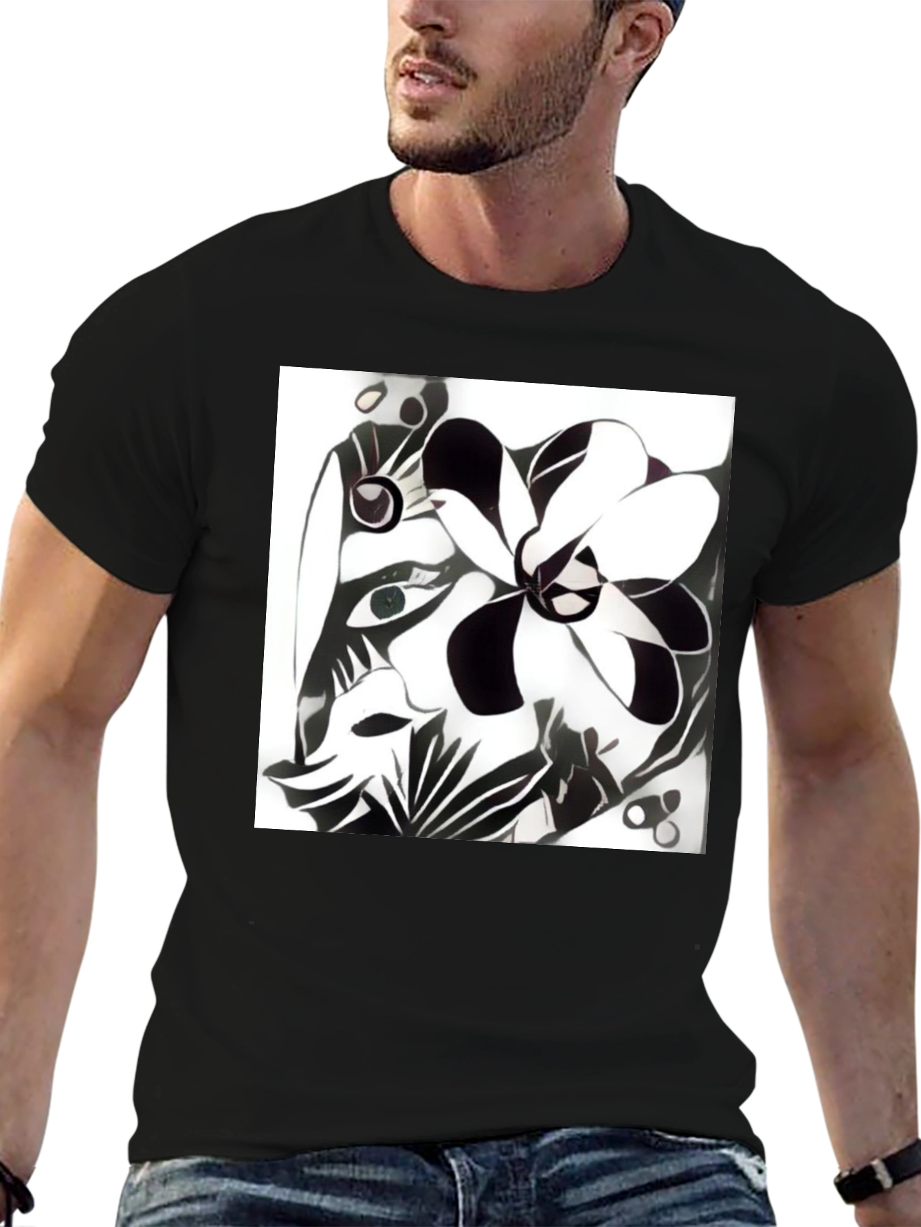 Black Abstract Floral Graphic Tee - Unisex Cotton Blend view 6
