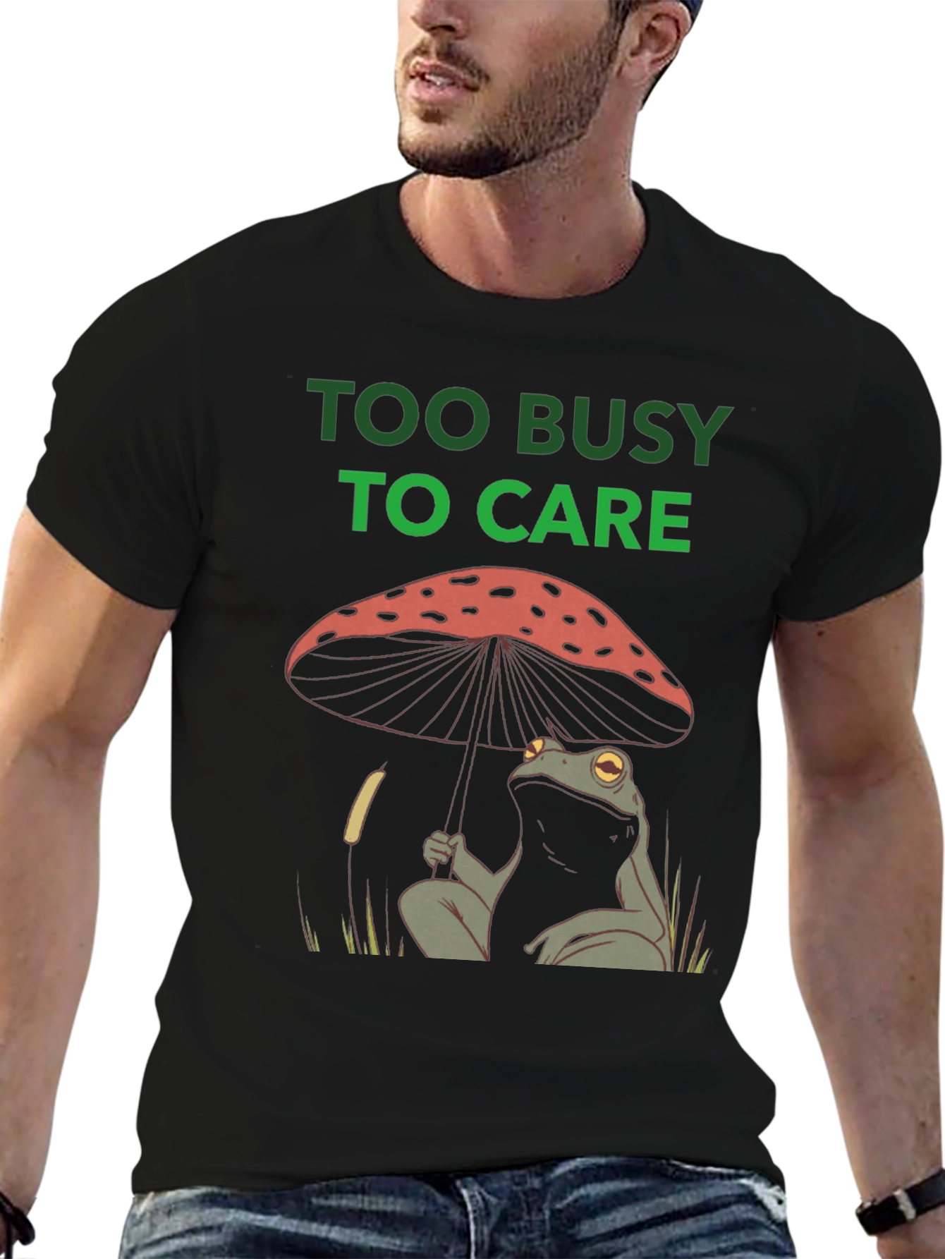Black Too Busy to Care Frog Mushroom Graphic Tee view 6