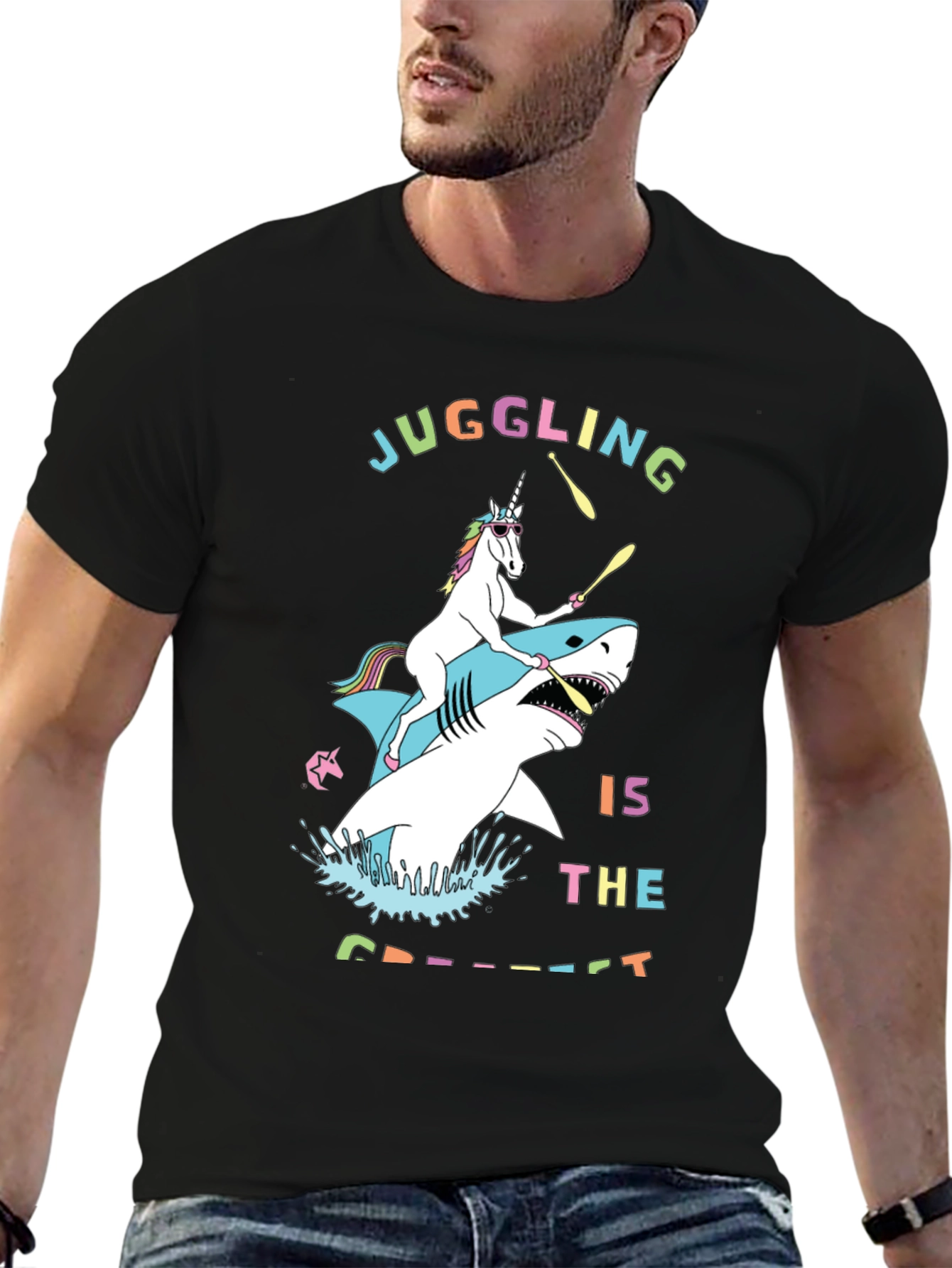 Black Juggling Unicorn Shark Graphic Tee view 6