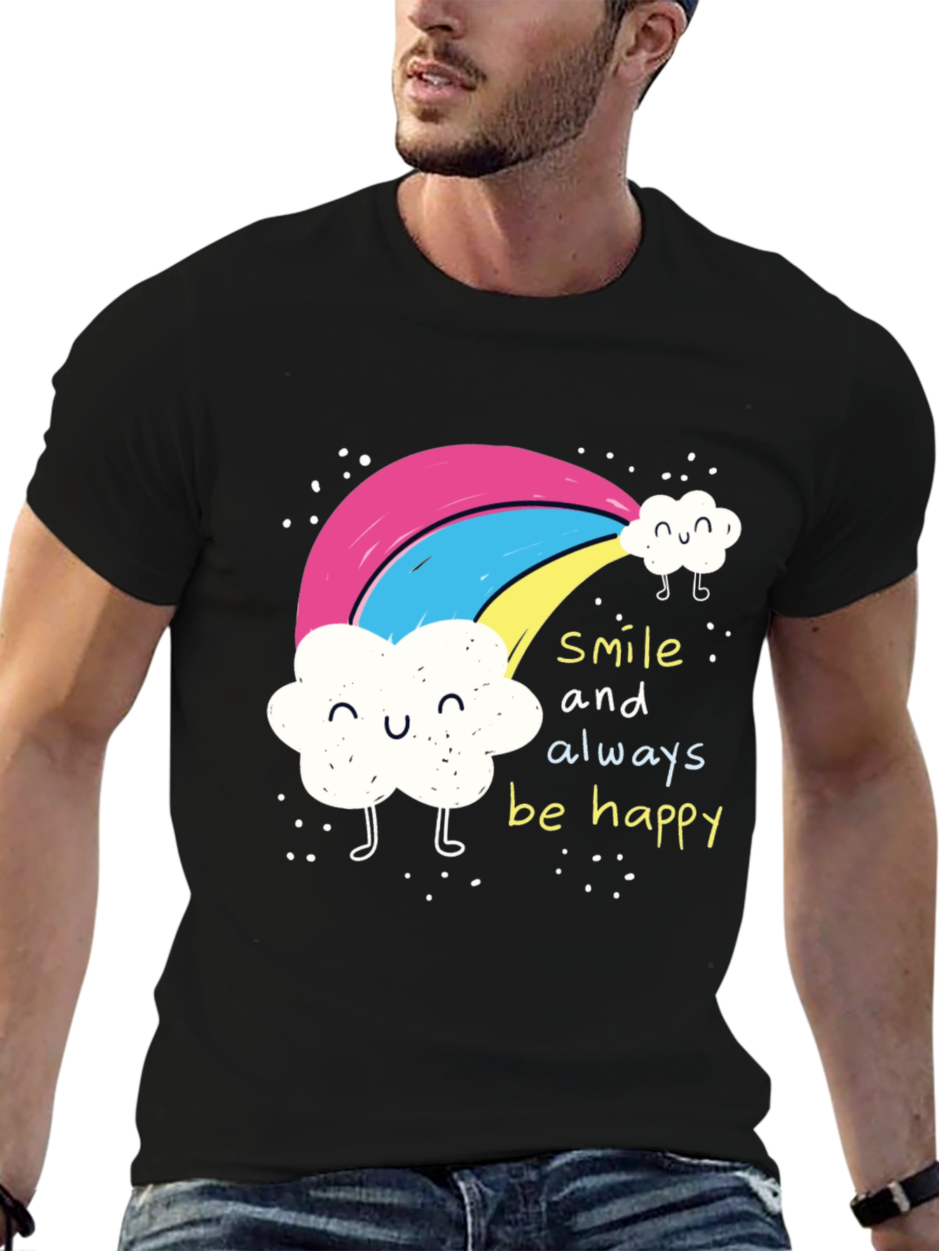 Black Smile Always Happy Rainbow Graphic Tee - Black view 6