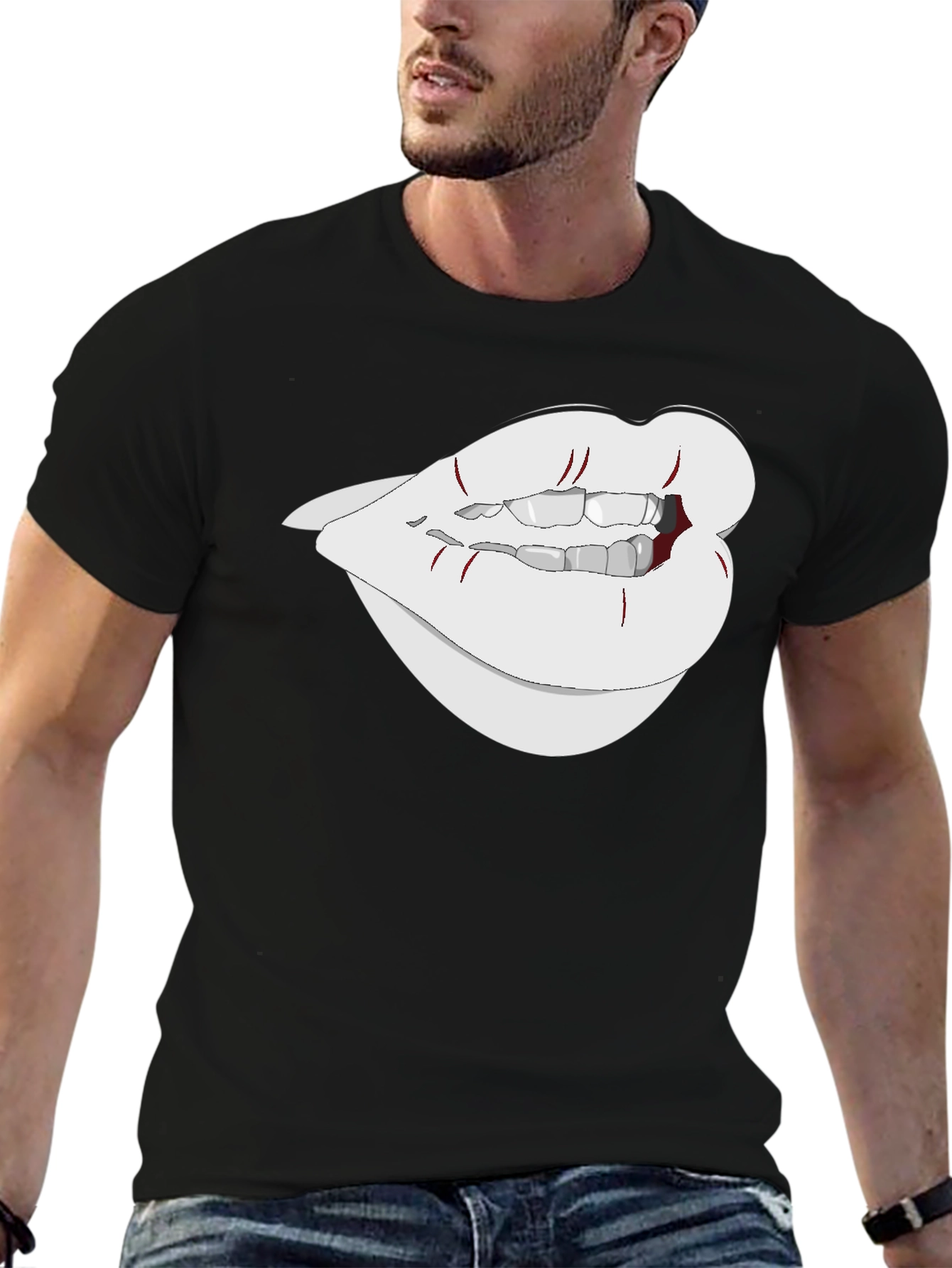 Black Graphic Lips Tee - Black Cotton Blend view 6