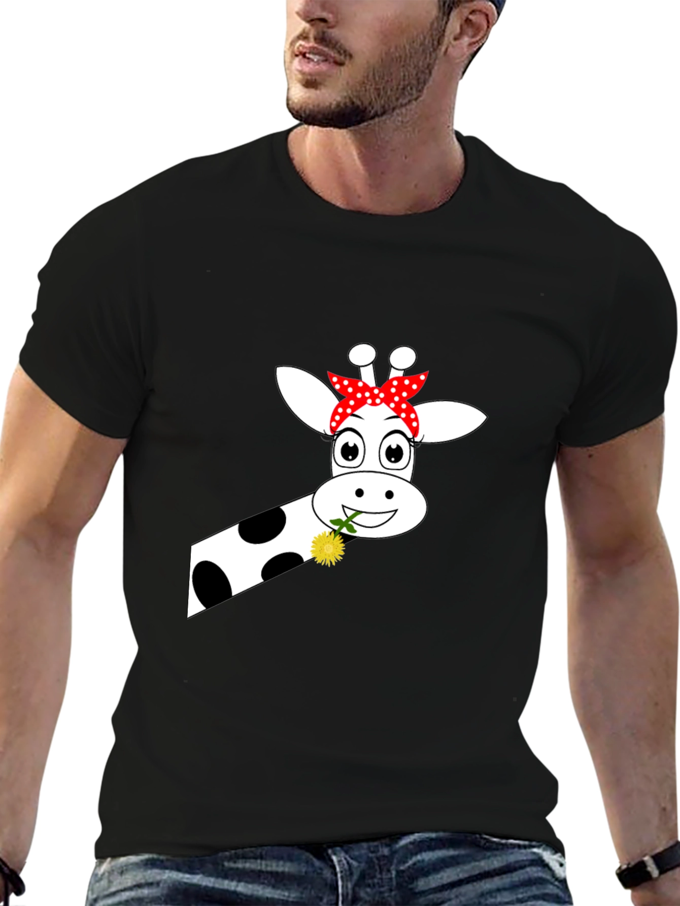 Black Giraffe with Flower Graphic Tee - Black view 6