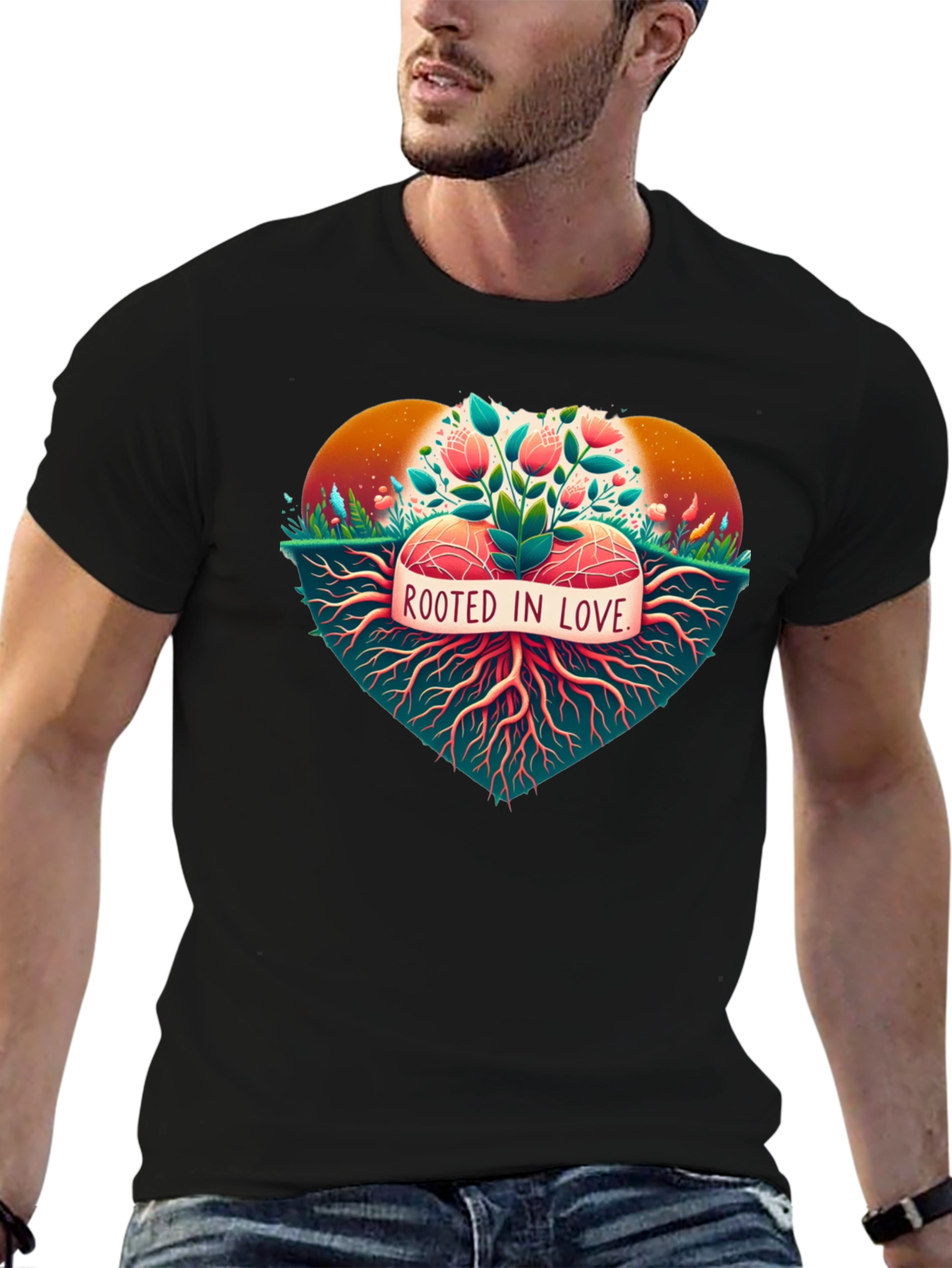 Black Rooted in Love Graphic Tee - Nature Heart Design view 6