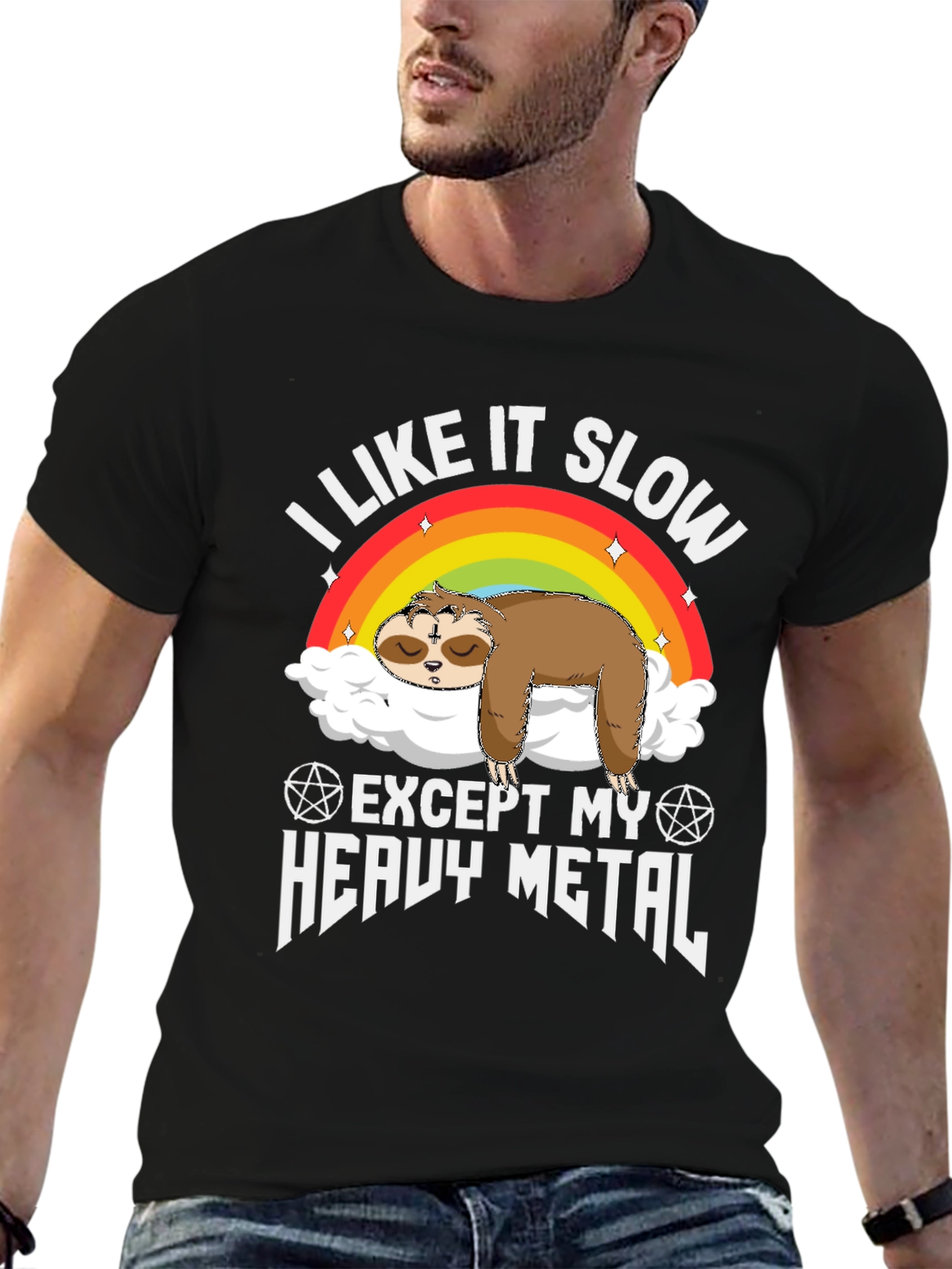 Black I Like It Slow Except My Heavy Metal Sloth T-Shirt view 6