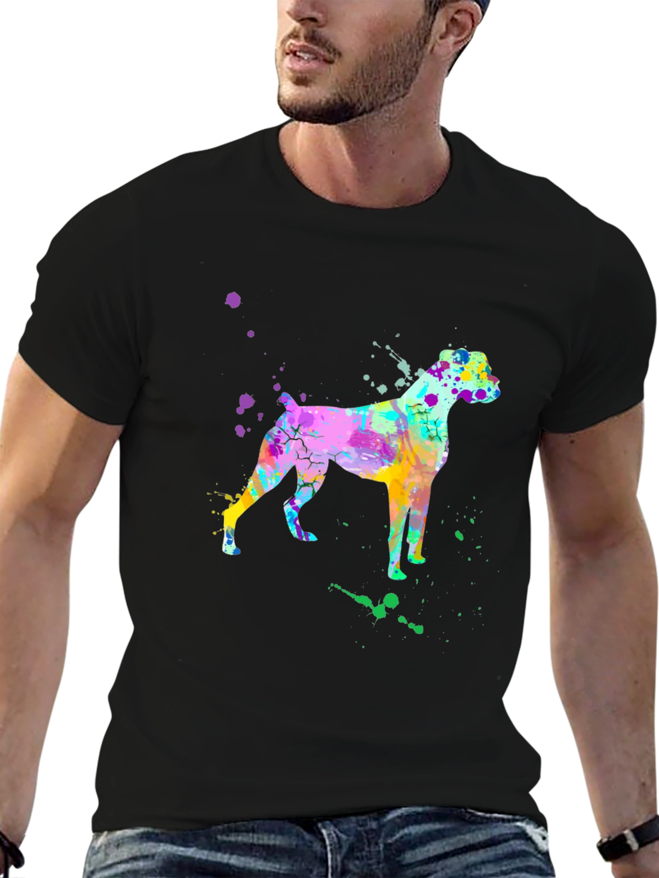 Black Watercolor Boxer Dog Graphic Tee - Trendy Men's Shirt view 6