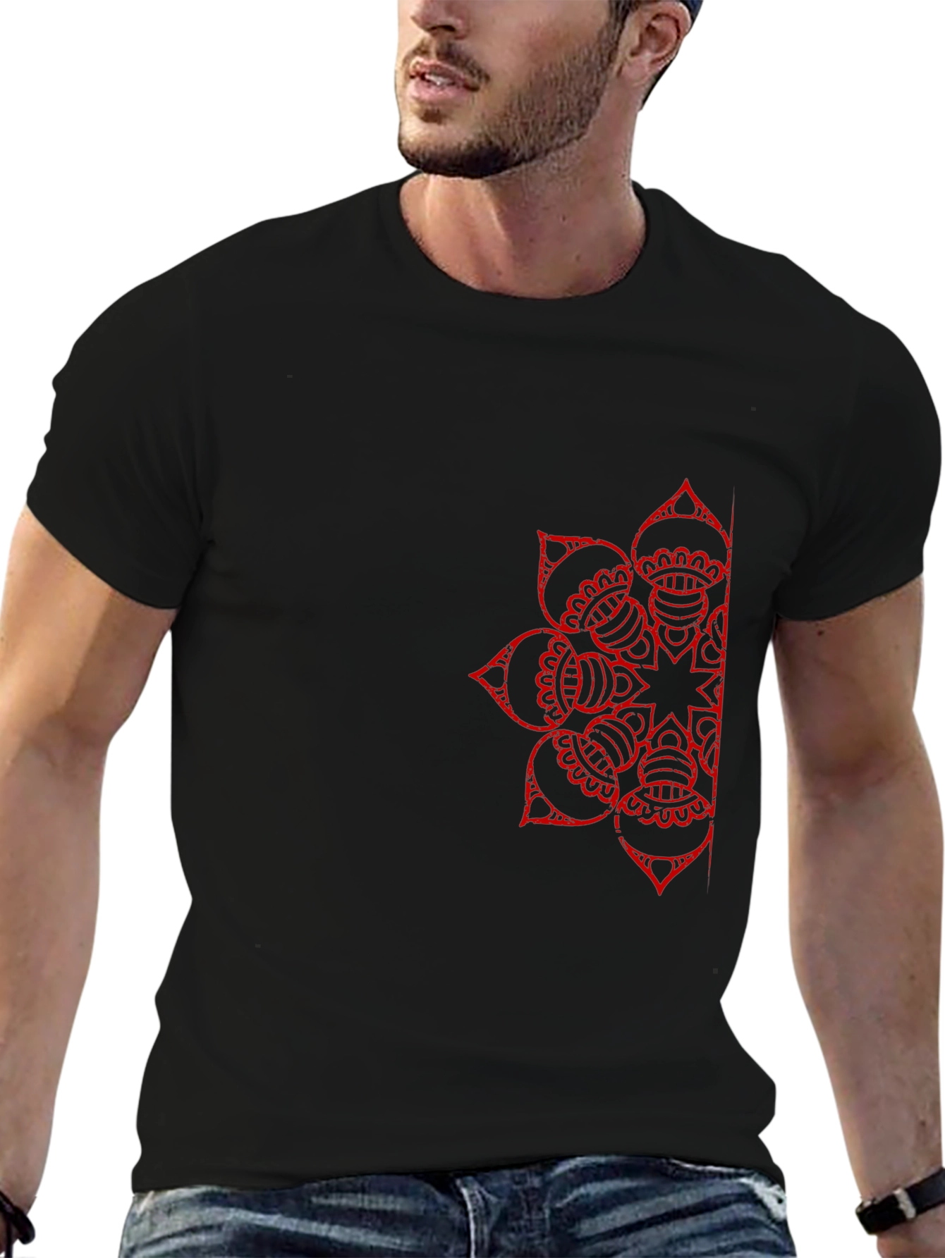 Black T-Shirt with Red Mandala Design - 6
