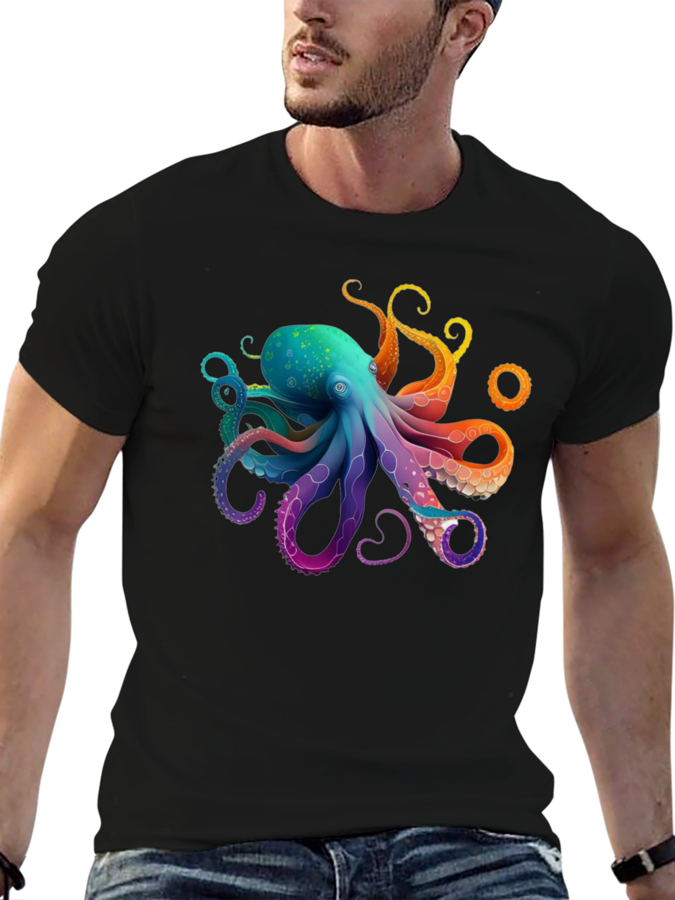 Black Rainbow Octopus Graphic T-Shirt - Black Cotton Blend view 6