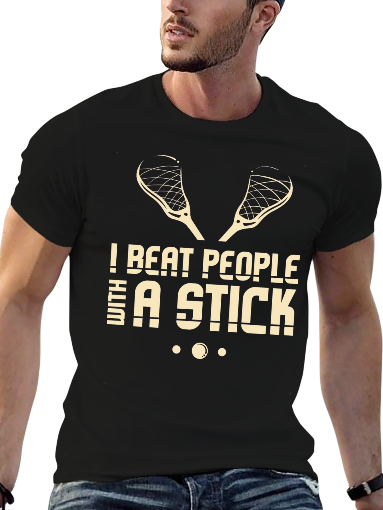 Black I Beat People With a Stick Lacrosse T-Shirt view 6