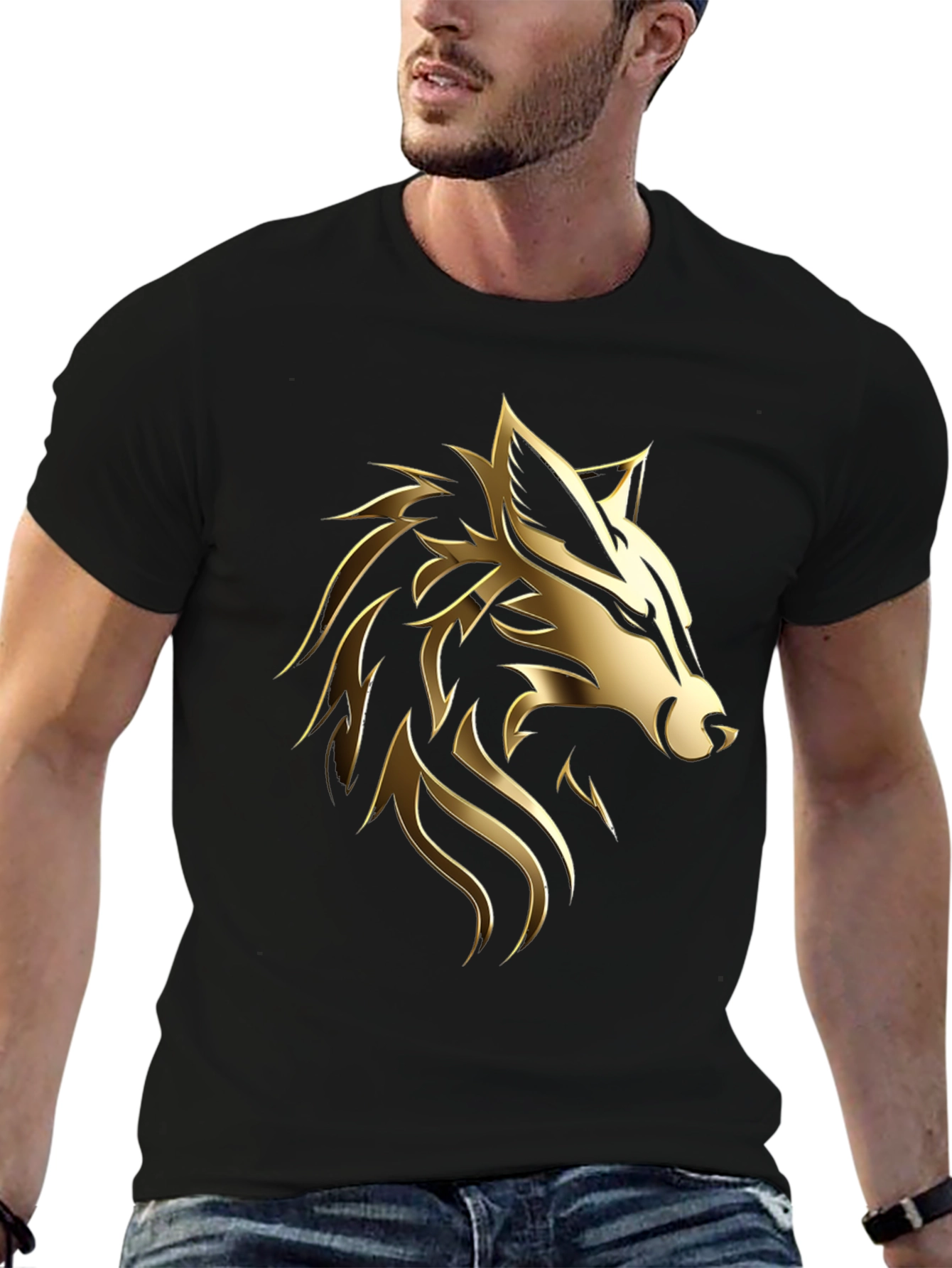 Black Bold Golden Wolf Graphic Black T-Shirt view 6