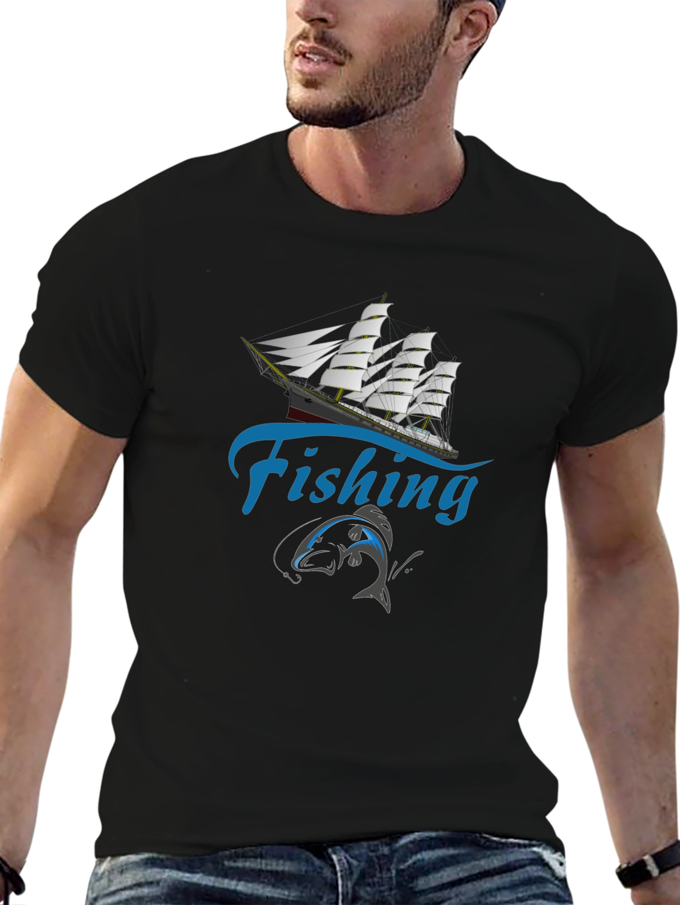 Black Fishing T-Shirt - Sailboat & Fish Design view 6