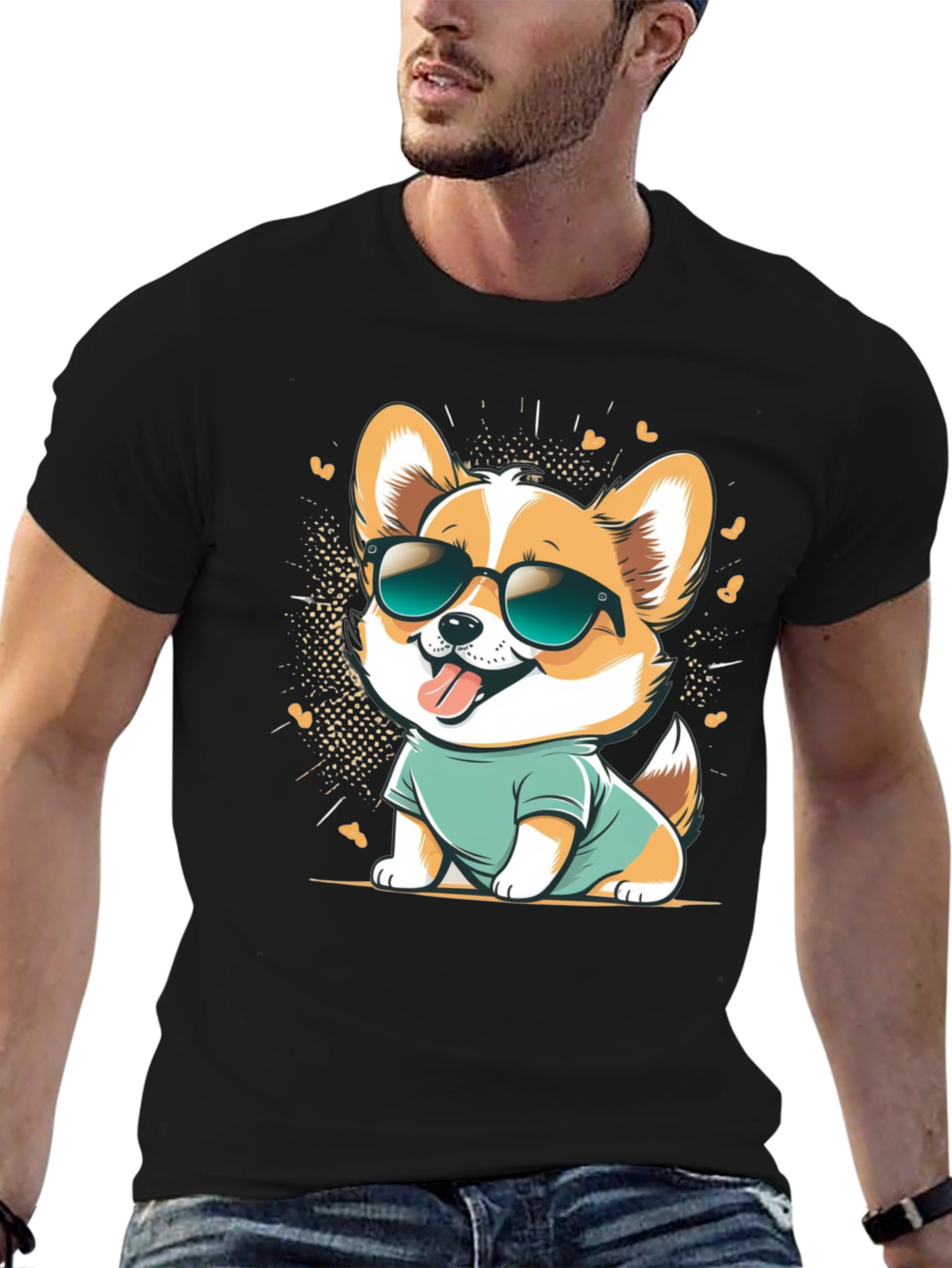 Black Cool Corgi Cartoon Graphic Tee - Black Cotton T-Shirt view 6