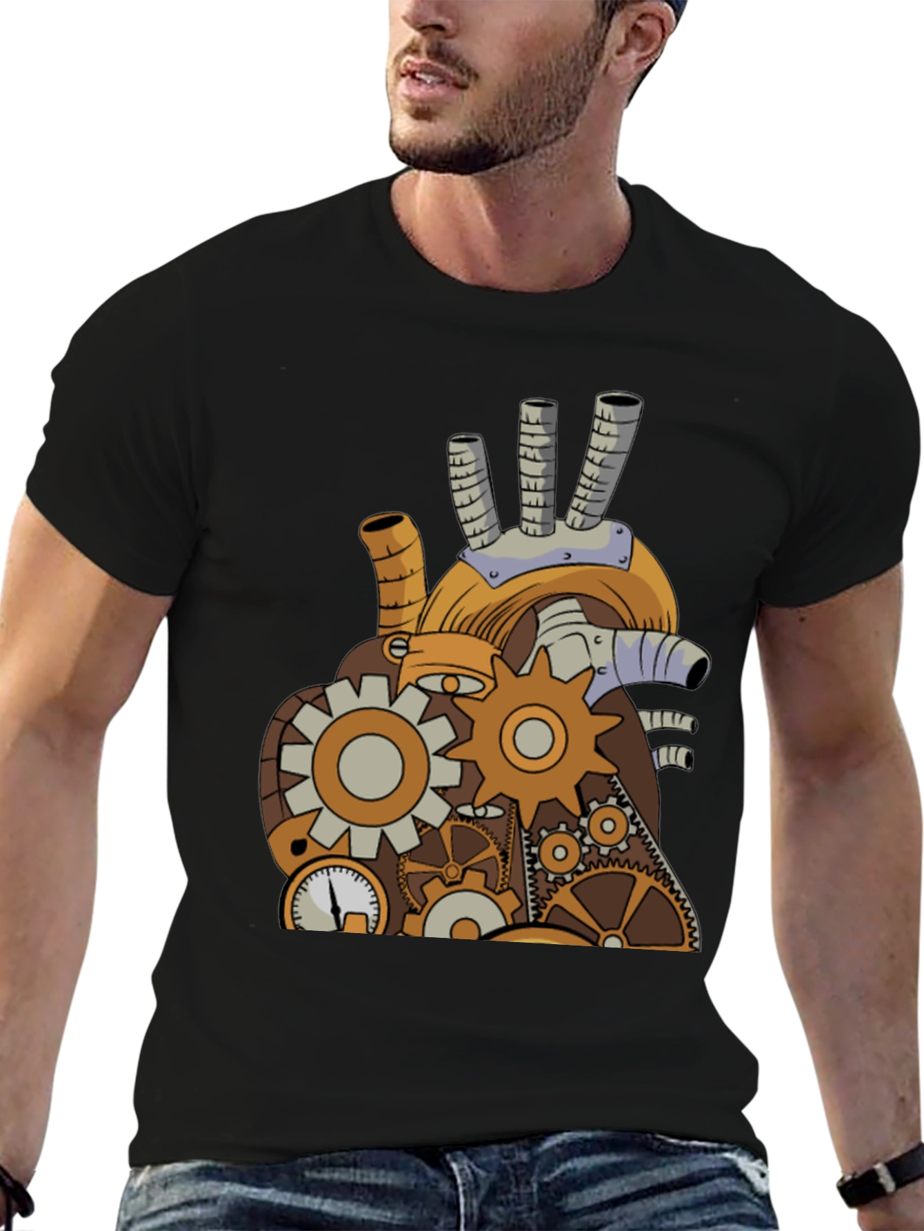 Black Steampunk Mechanical Heart Graphic Tee - Black view 6