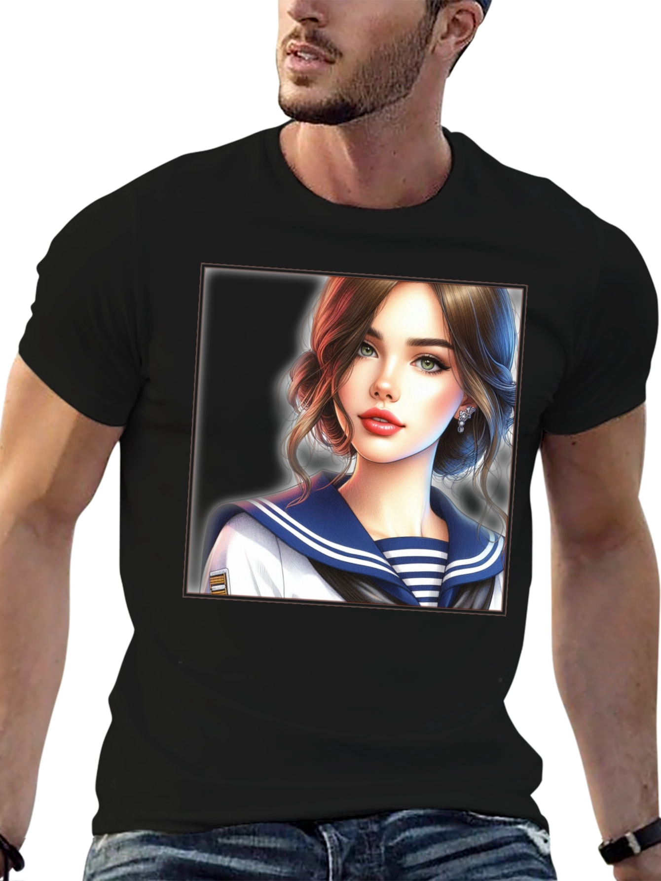 Black Anime Girl Sailor Outfit Black T-Shirt view 6