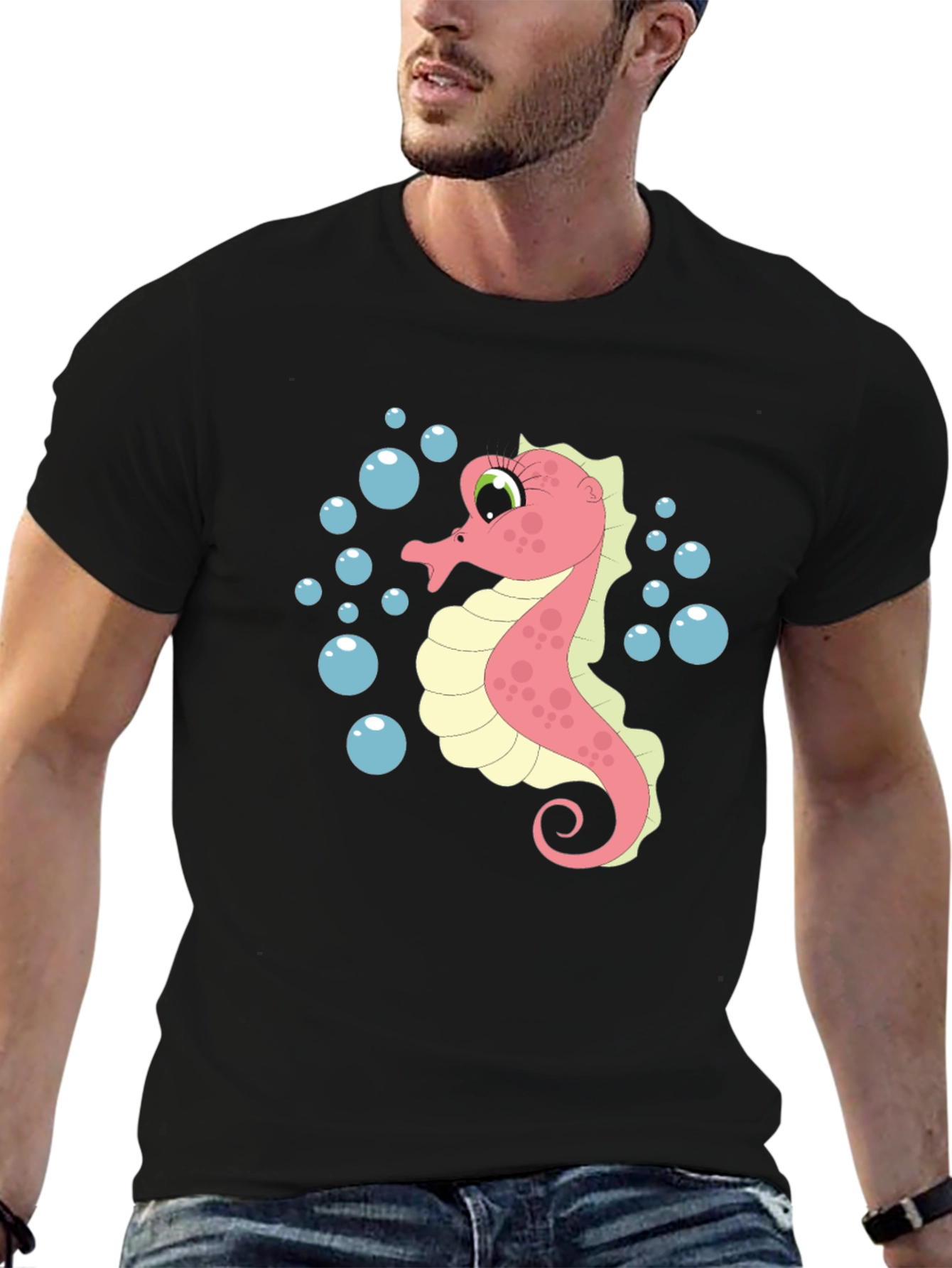Black Seahorse Graphic T-Shirt - Unique Ocean Life Design view 6