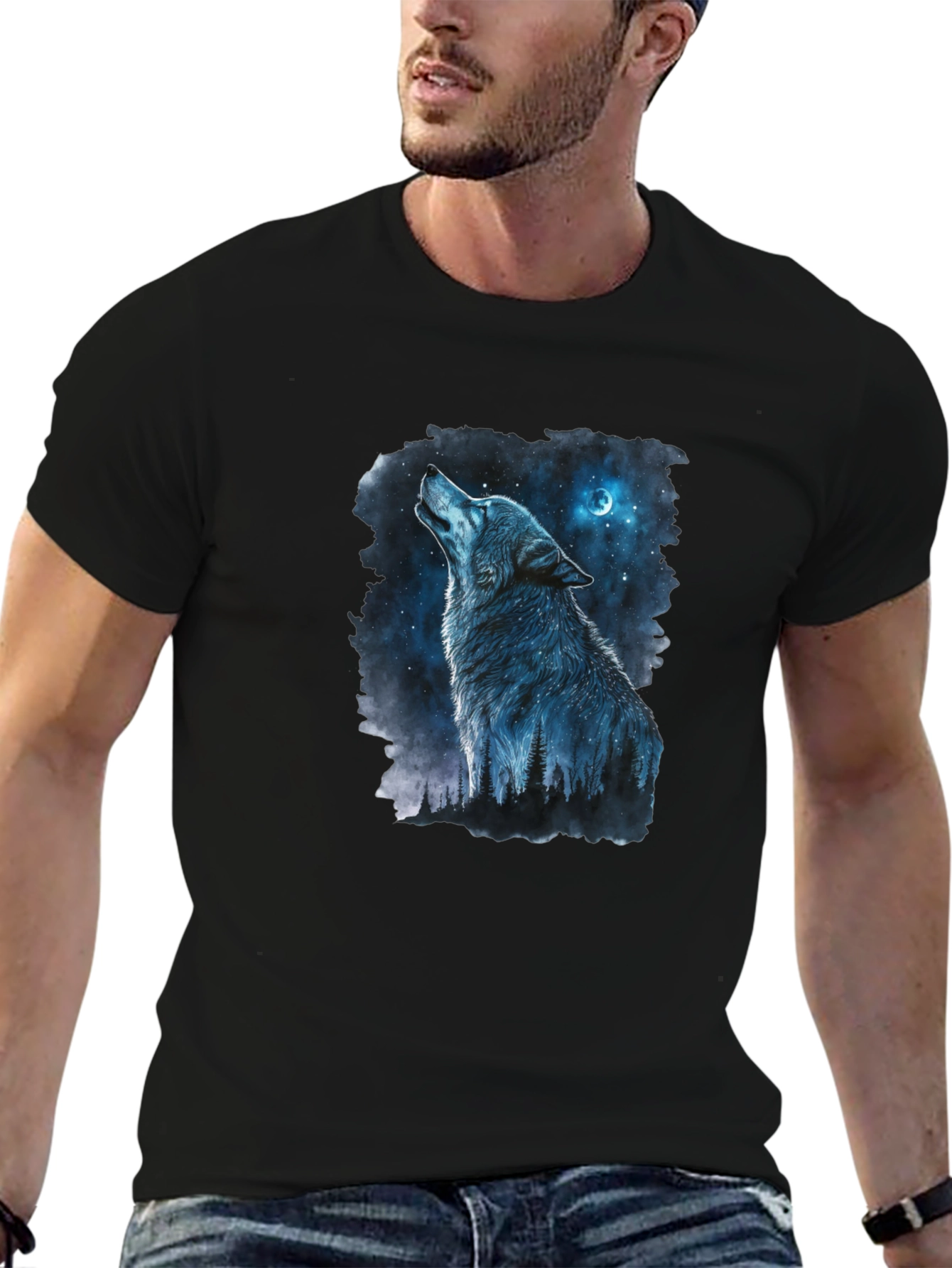 Black Wolf Howling at Moon Graphic Black T-Shirt view 6