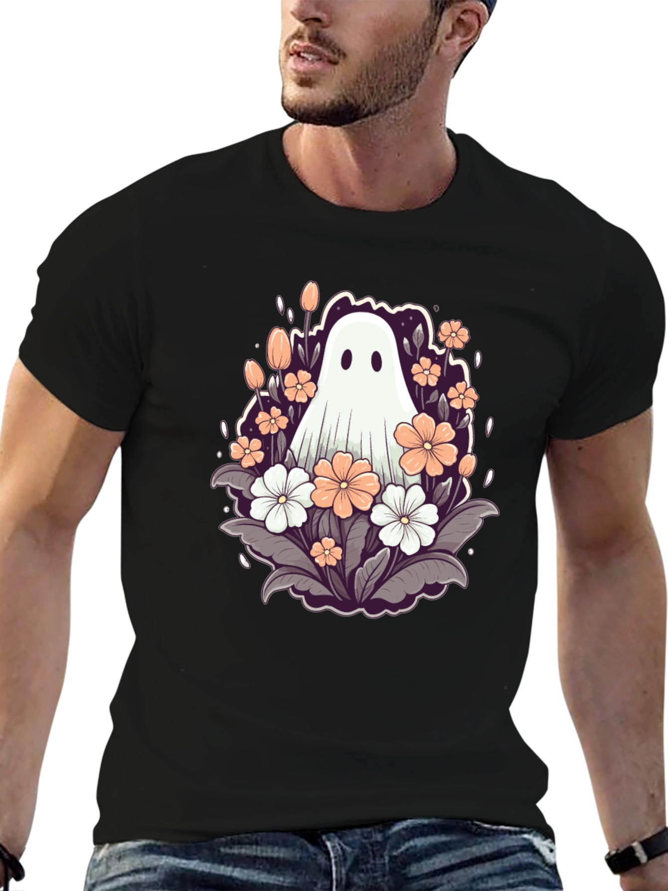 Black Floral Ghost Graphic Tee - Spooky Season Style view 6