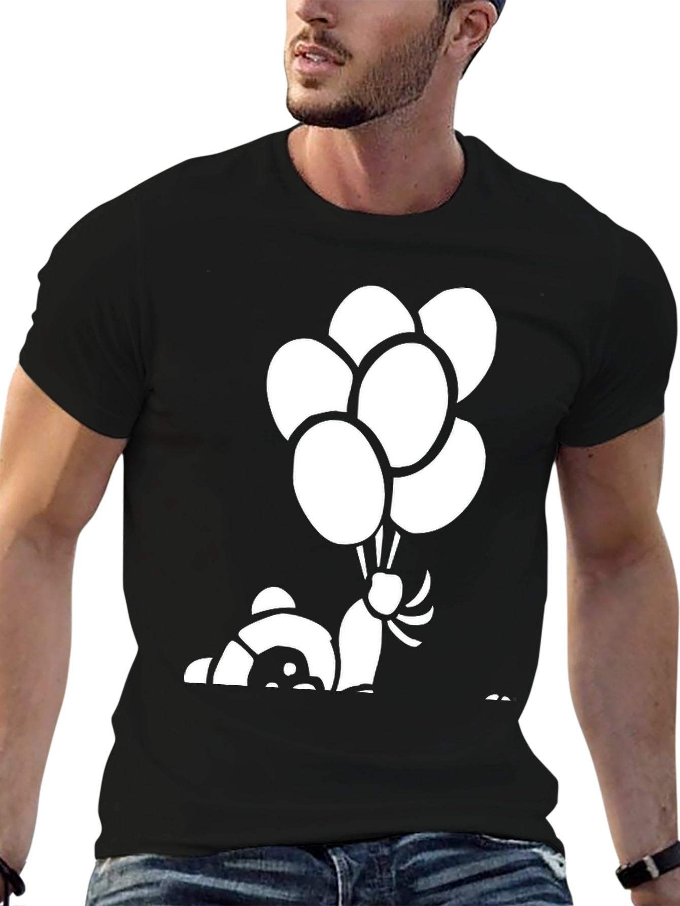 Black Panda Bear Balloon Graphic Black T-Shirt view 6