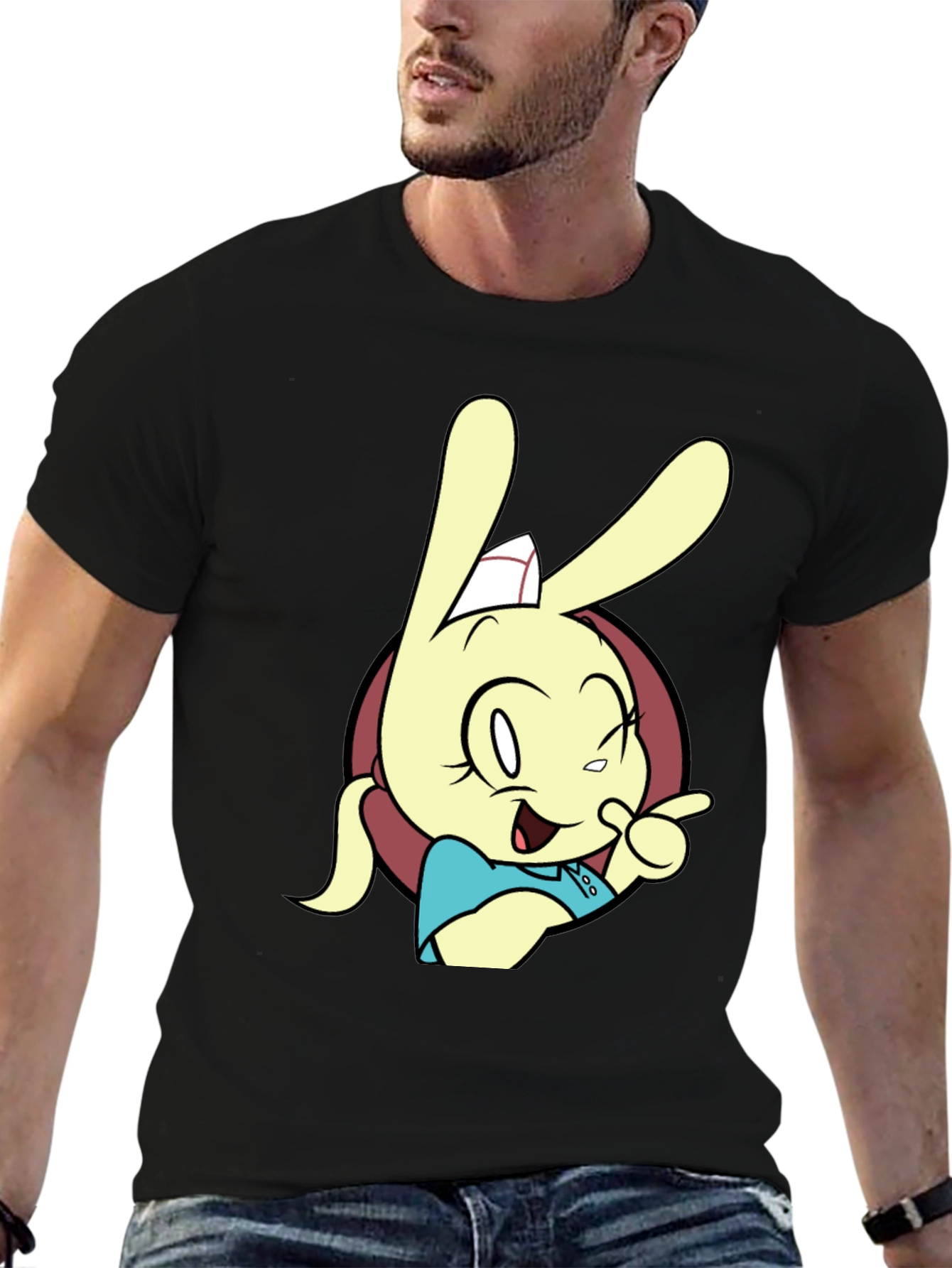 Black Cartoon Rabbit Graphic T-Shirt - Black view 6