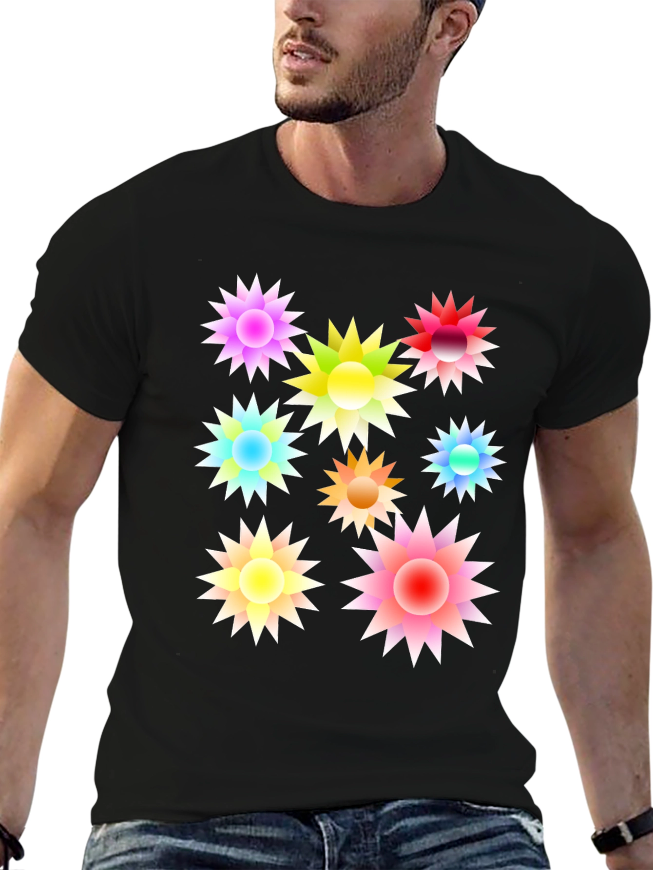 Black Colorful Floral Burst Black T-Shirt view 6